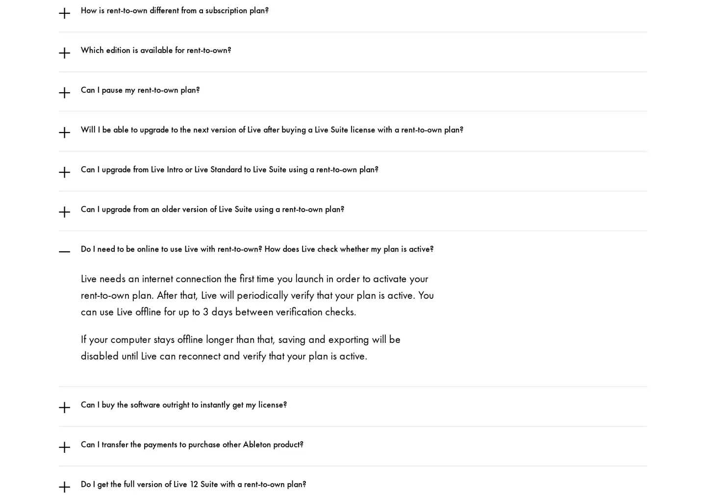 Ableton rent-to-own FAQ: you can use Live offline for up to 3 days between verification checks; if the computer stays offline longer, saving and exporting are disabled until Live reconnects