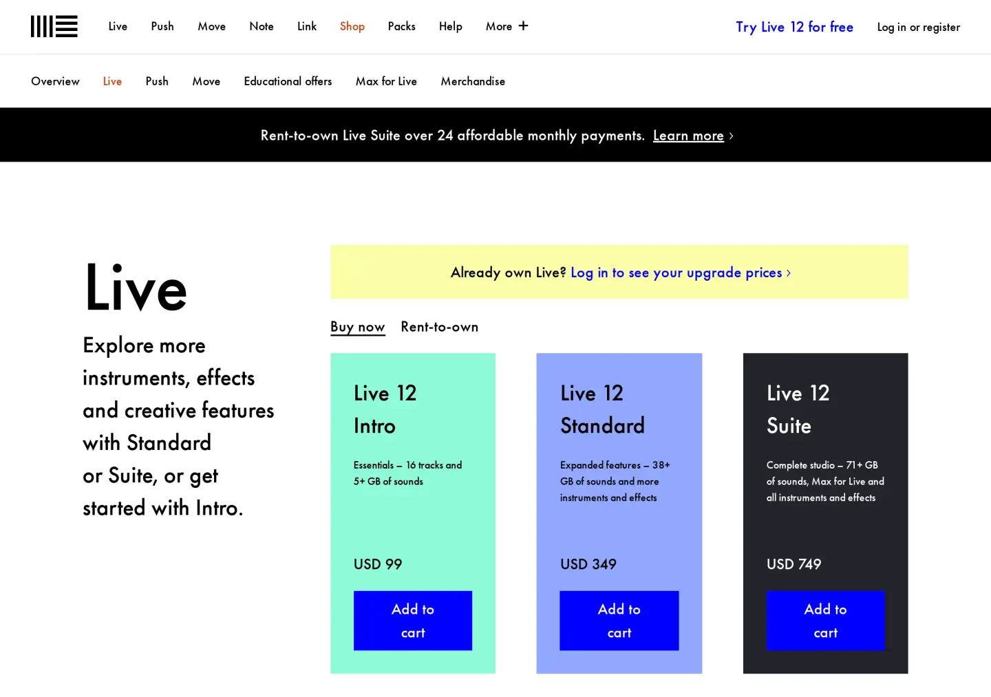 Ableton Live shop Buy now tab: Live 12 Intro USD 99, Standard USD 349, Suite USD 749, with a banner for rent-to-own Live Suite over 24 monthly payments