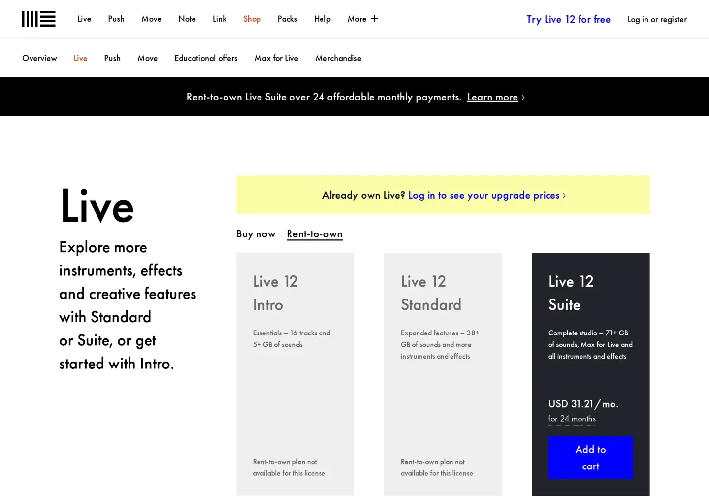 Ableton Live shop Rent-to-own tab: Intro and Standard greyed out with Rent-to-own plan not available for this license, Suite at USD 31.21 per month for 24 months