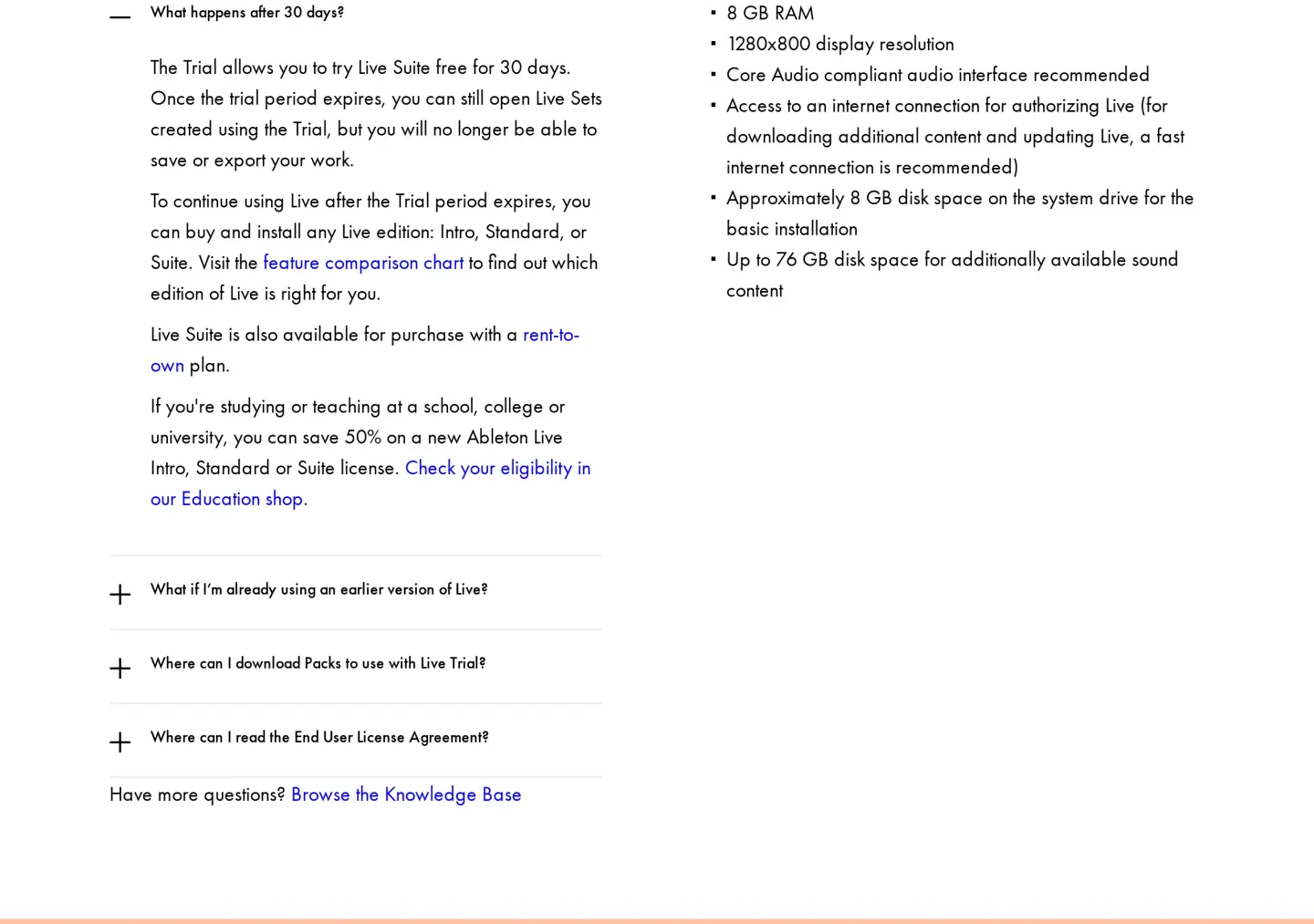 Ableton trial FAQ What happens after 30 days: The Trial allows you to try Live Suite free for 30 days. Once the trial period expires, you can still open Live Sets created using the Trial, but you will no longer be able to save or export your work. You can then buy Intro, Standard, or Suite