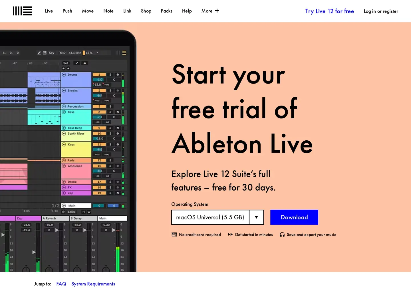 Ableton trial page: Start your free trial of Ableton Live. Explore Live 12 Suite’s full features – free for 30 days. Download for macOS Universal, no credit card required, save and export your music
