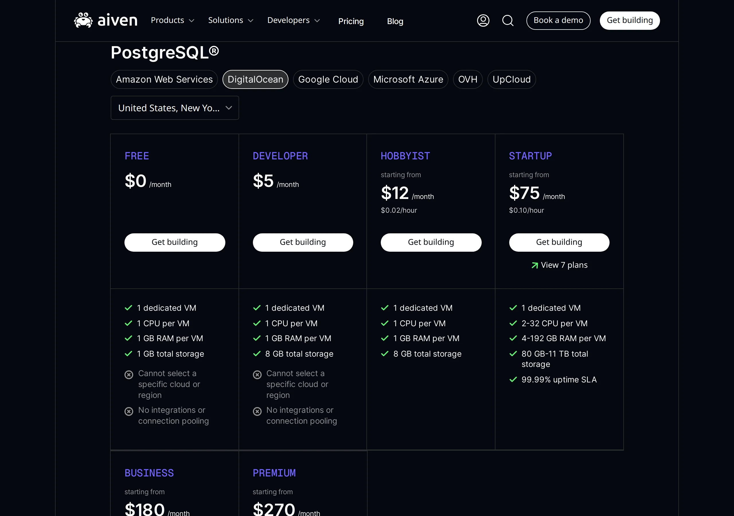 Aiven PostgreSQL pricing on DigitalOcean, New York: Free $0 and Developer $5 both marked Cannot select a specific cloud or region, Hobbyist from $12, Startup from $75, Business from $180, Premium from $270
