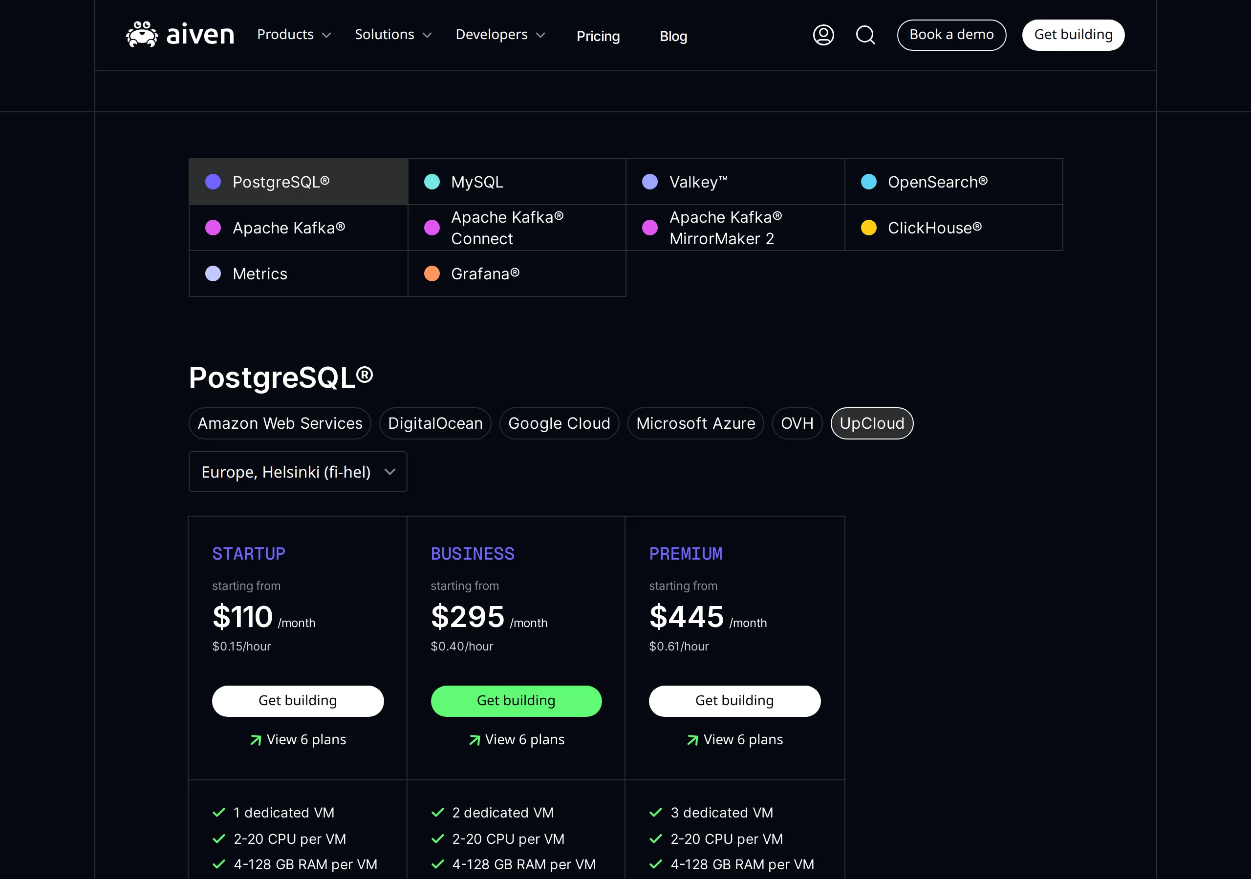 Aiven PostgreSQL pricing with UpCloud and Europe, Helsinki (fi-hel) selected: Startup $110 a month, Business $295, Premium $445, no Free, Developer, or Hobbyist cards