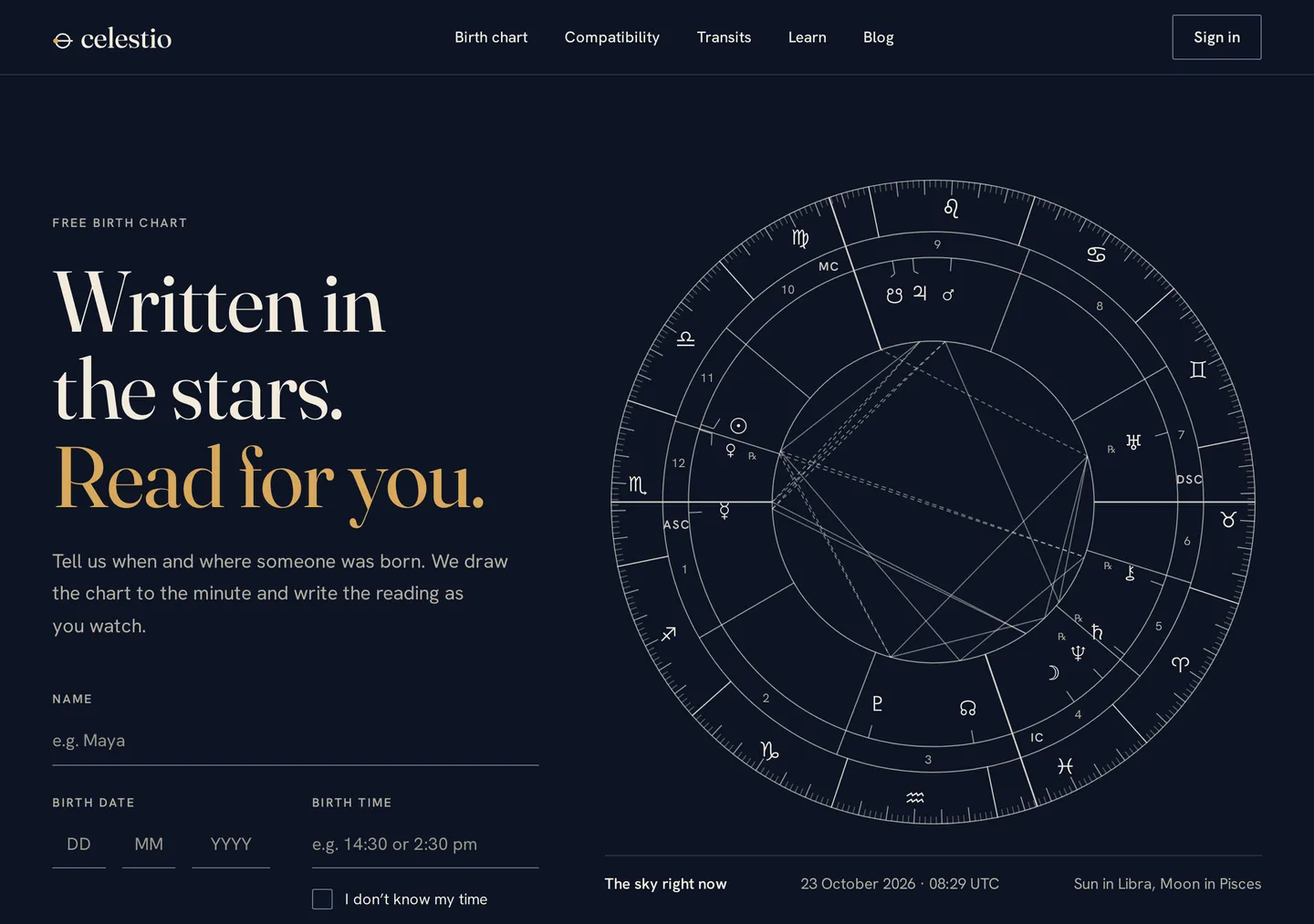 Celestio homepage showing a free birth chart form for name, birth date, optional birth time and birth place, beside a rendered chart wheel with Sun in Libra, Moon in Pisces and Scorpio rising