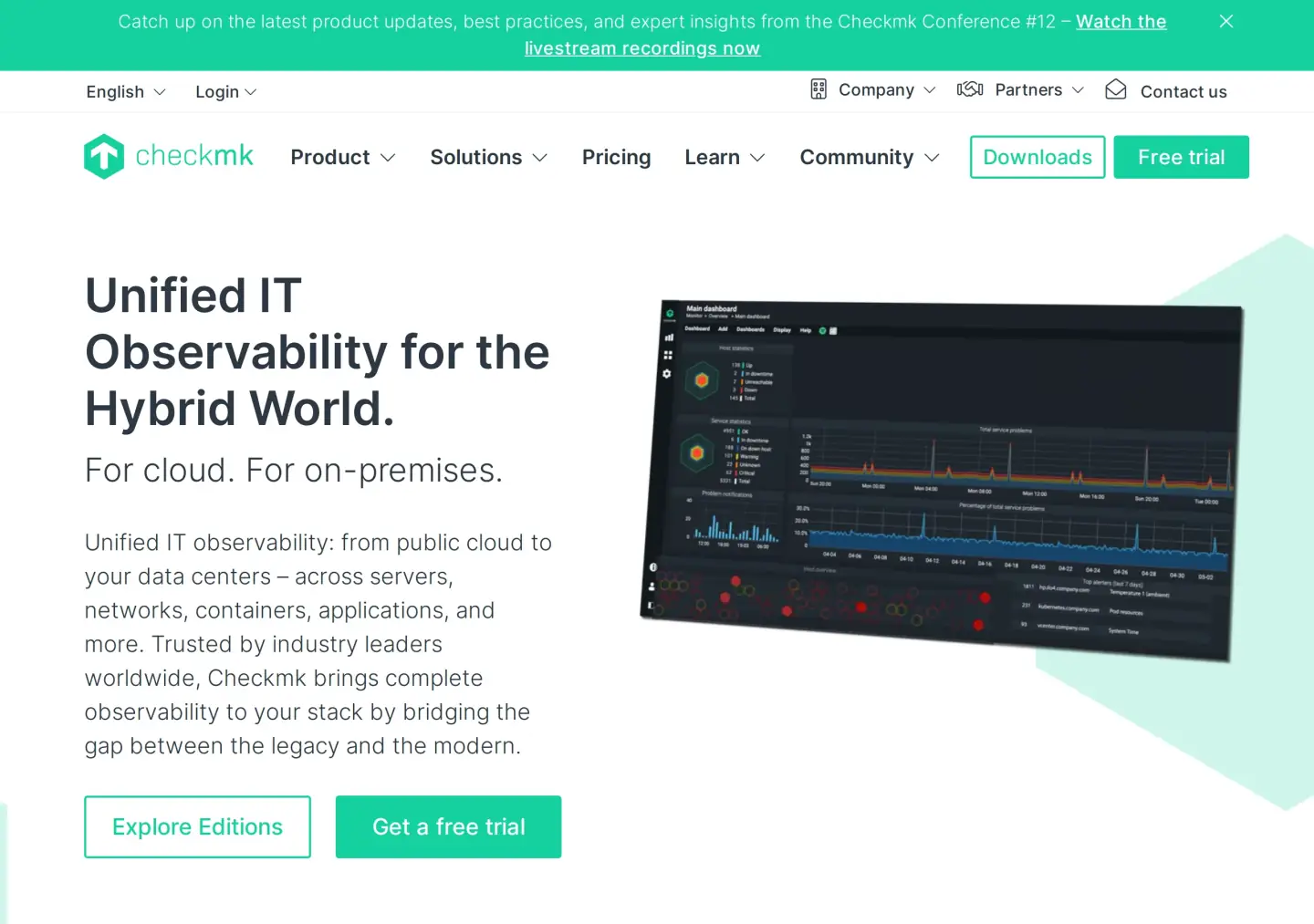 Checkmk homepage: Unified IT Observability for the Hybrid World, For cloud. For on-premises, with a dark Main dashboard showing host and service statistics, problem notifications, and top alerts