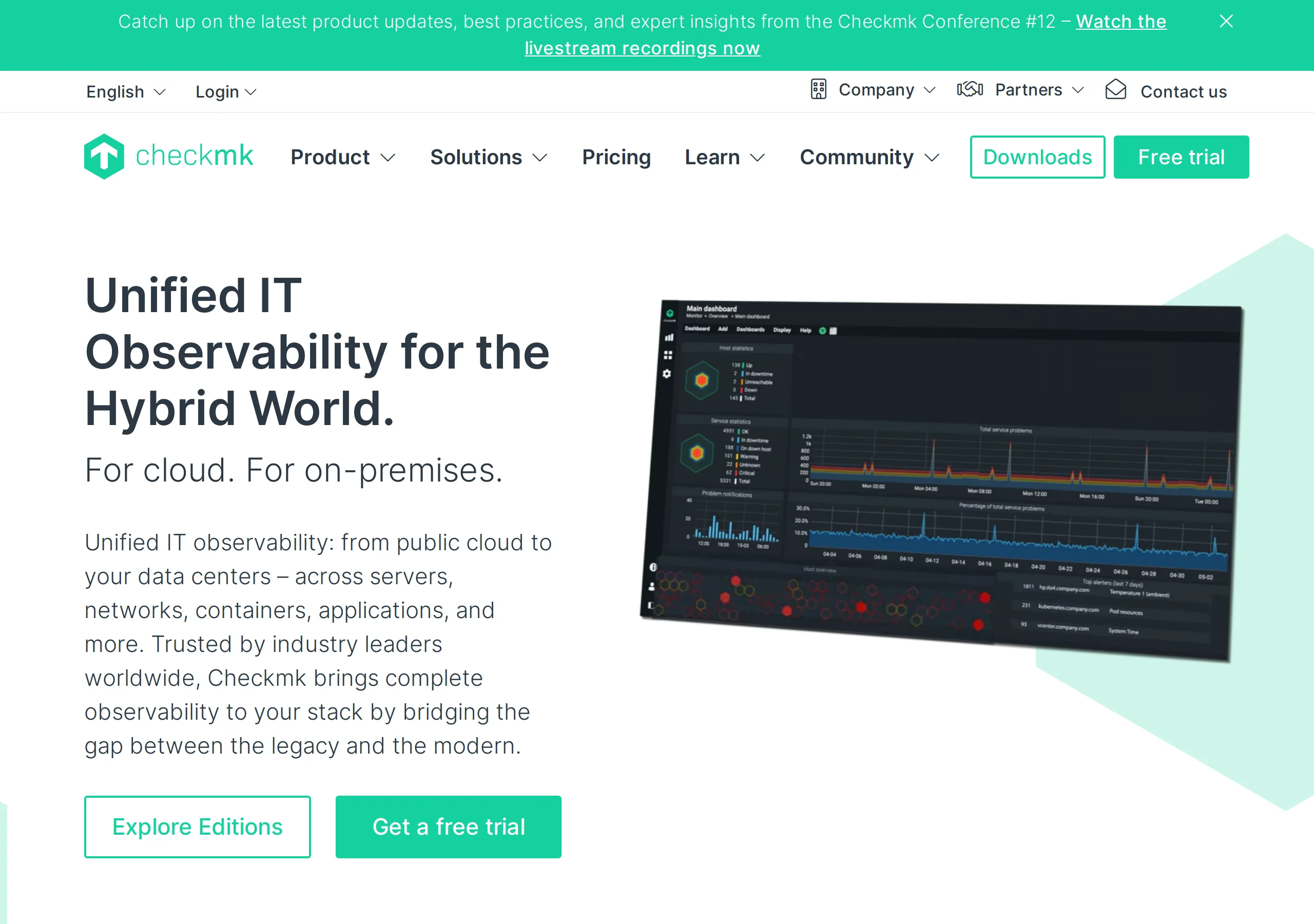 Checkmk homepage: Unified IT Observability for the Hybrid World, For cloud. For on-premises, with a dark Main dashboard showing host and service statistics, problem notifications, and top alerts
