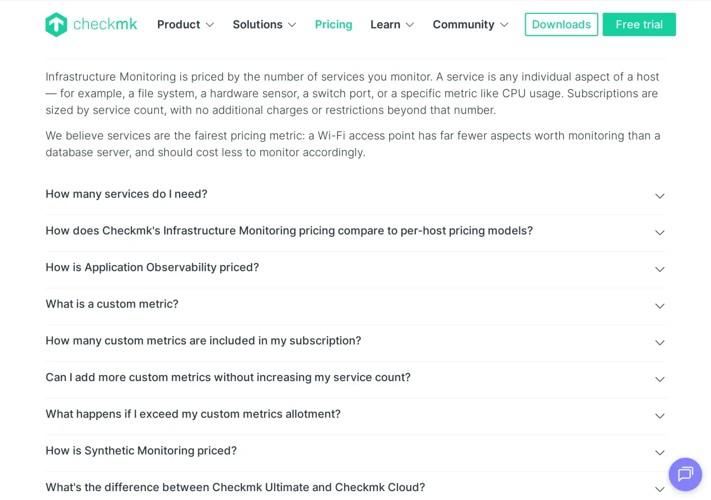 Checkmk pricing FAQ expanded: Infrastructure Monitoring is priced by the number of services you monitor, with examples of a file system, hardware sensor, switch port, or CPU metric