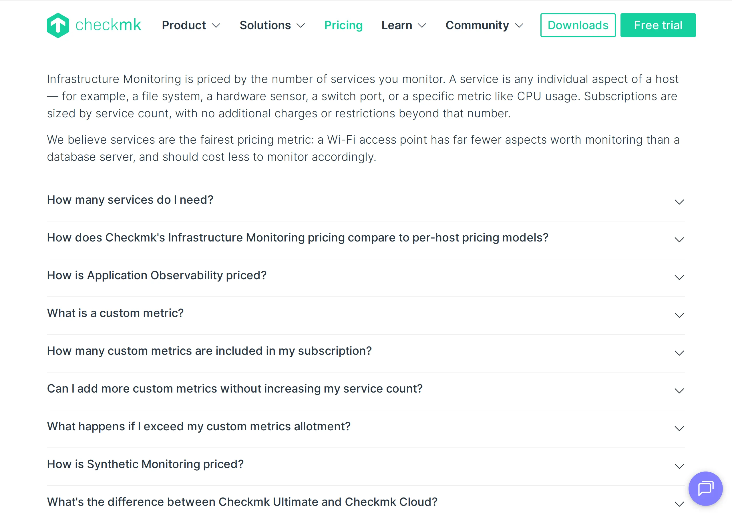 Checkmk pricing FAQ expanded: Infrastructure Monitoring is priced by the number of services you monitor, with examples of a file system, hardware sensor, switch port, or CPU metric