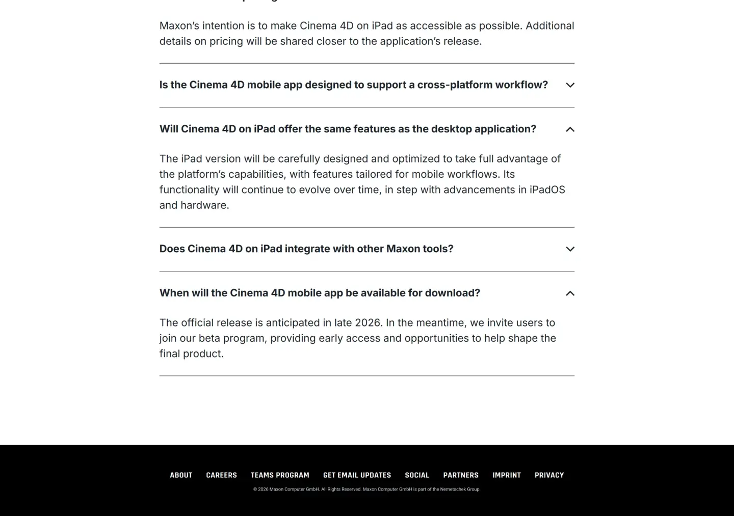 Cinema 4D for iPad FAQ: pricing details will be shared closer to release; the iPad version is tailored for mobile workflows; official release anticipated in late 2026