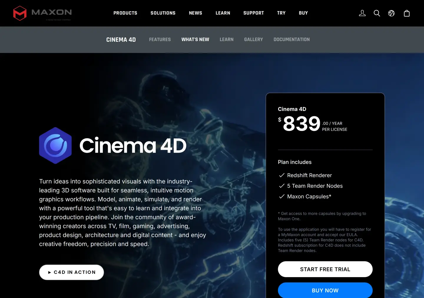 Cinema 4D product page purchase card: $839.00 a year per licence, plan includes Redshift Renderer, 5 Team Render Nodes, and Maxon Capsules, with Start Free Trial and Buy Now buttons