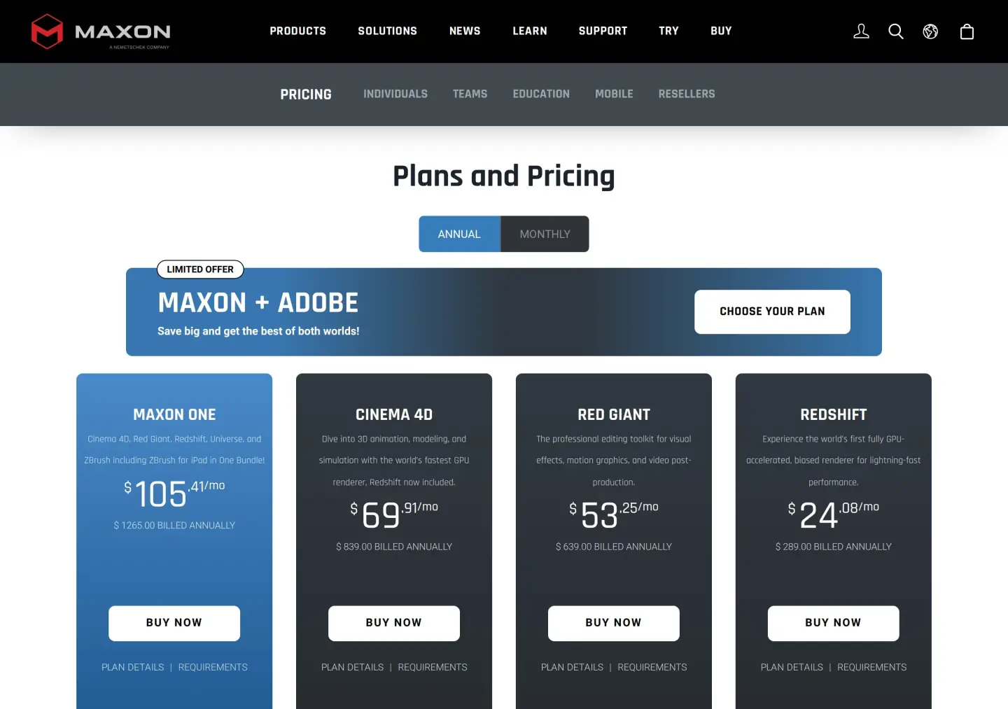 Maxon Plans and Pricing on the Annual tab: Maxon One $105.41 a month billed $1265 a year, Cinema 4D $69.91 a month billed $839 a year with Redshift now included, Red Giant $639 a year, Redshift $289 a year, plus a Maxon plus Adobe limited-offer banner