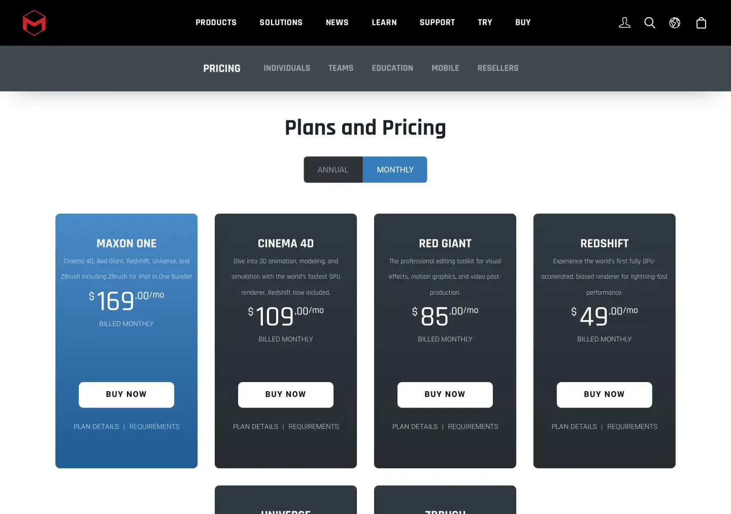 Maxon Plans and Pricing on the Monthly tab: Maxon One $169 a month, Cinema 4D $109 a month with Redshift now included, Red Giant $85 a month, Redshift $49 a month, billed monthly