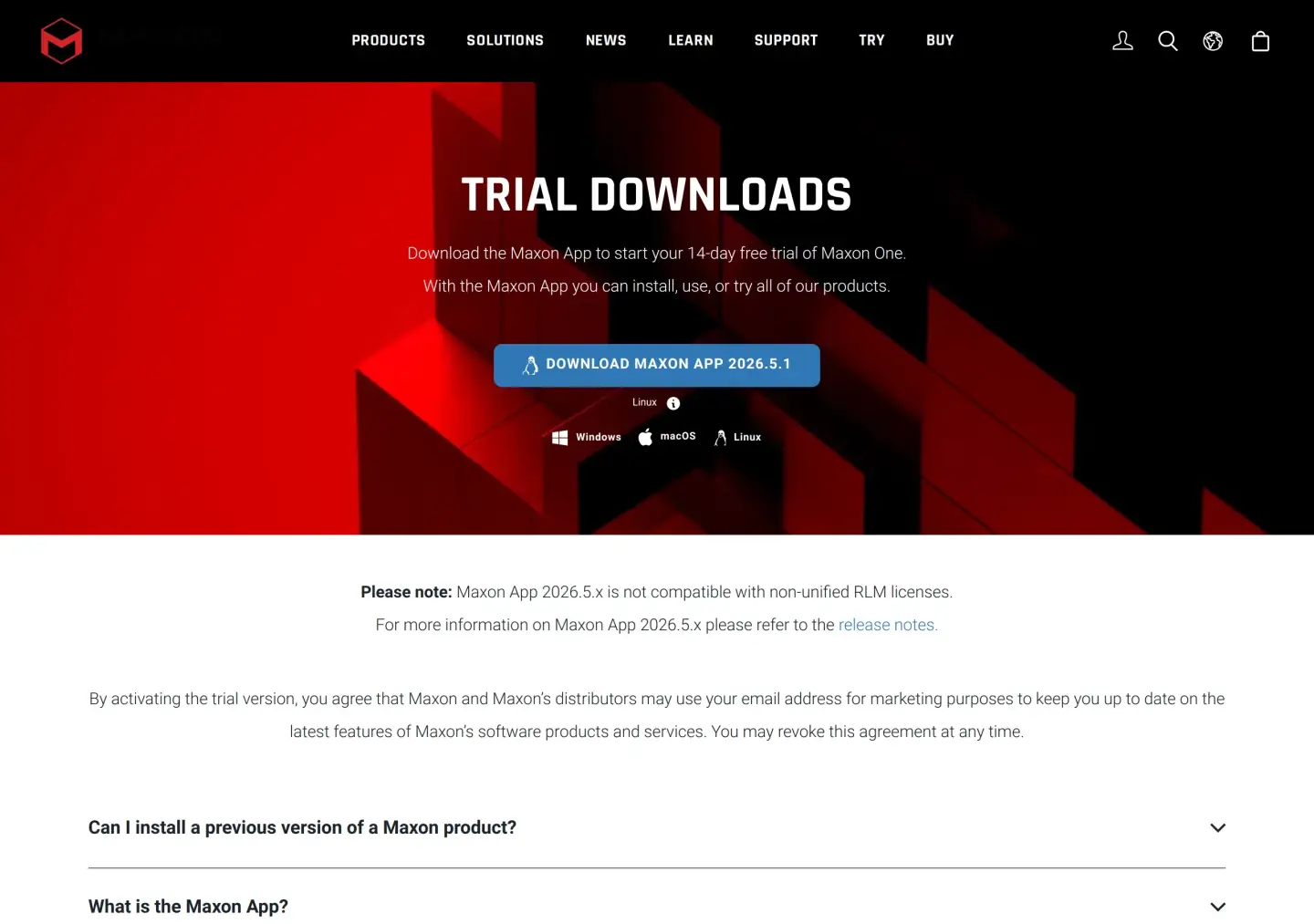 Maxon Trial Downloads page: Download the Maxon App to start your 14-day free trial of Maxon One, Download Maxon App 2026.5.1 for Windows, macOS, and Linux