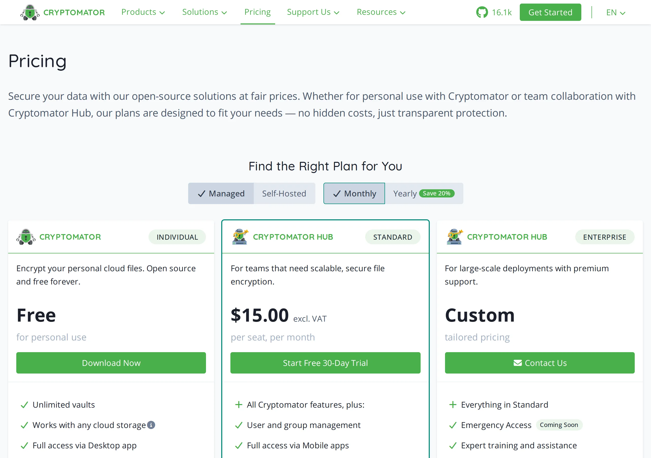 Cryptomator pricing with Managed and Monthly selected: Individual Free for personal use, Hub Standard at $15.00 excl. VAT per seat per month with a 30-day trial, and Hub Enterprise as custom pricing
