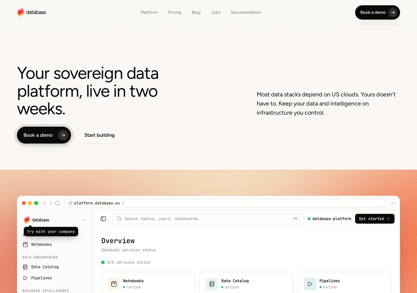 The Databaas homepage headed Your sovereign data platform, live in two weeks, with a Book a demo button and text reading Most data stacks depend on US clouds. Yours doesn't have to