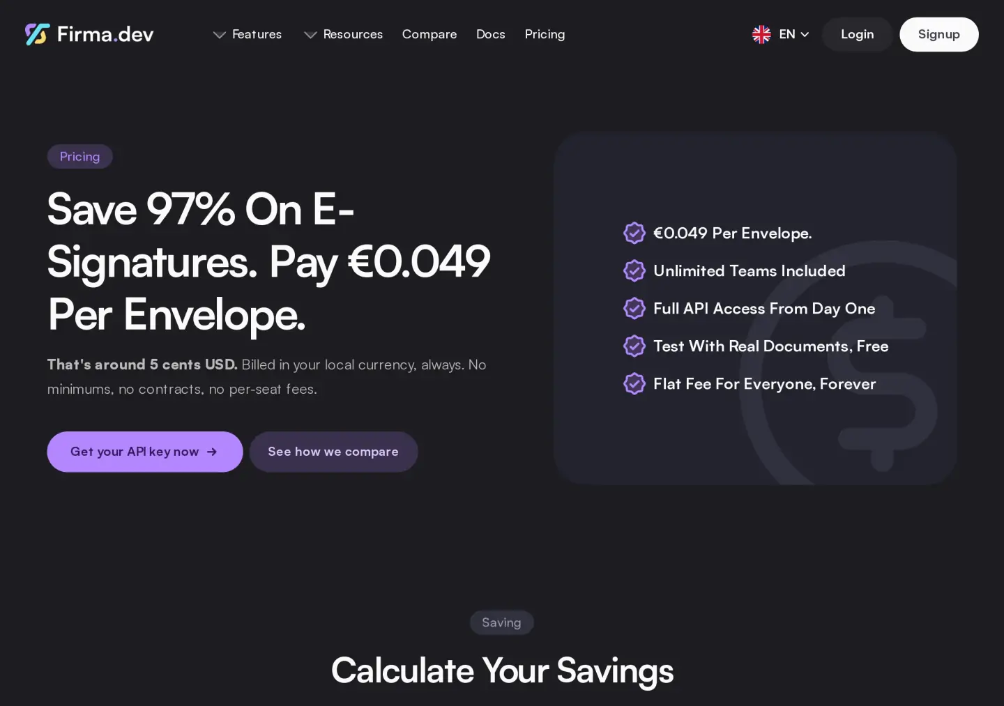 Firma.dev pricing: Save 97% on e-signatures, pay €0.049 per envelope, no per-seat fees, with a checklist that includes unlimited teams, full API access, and test with real documents free