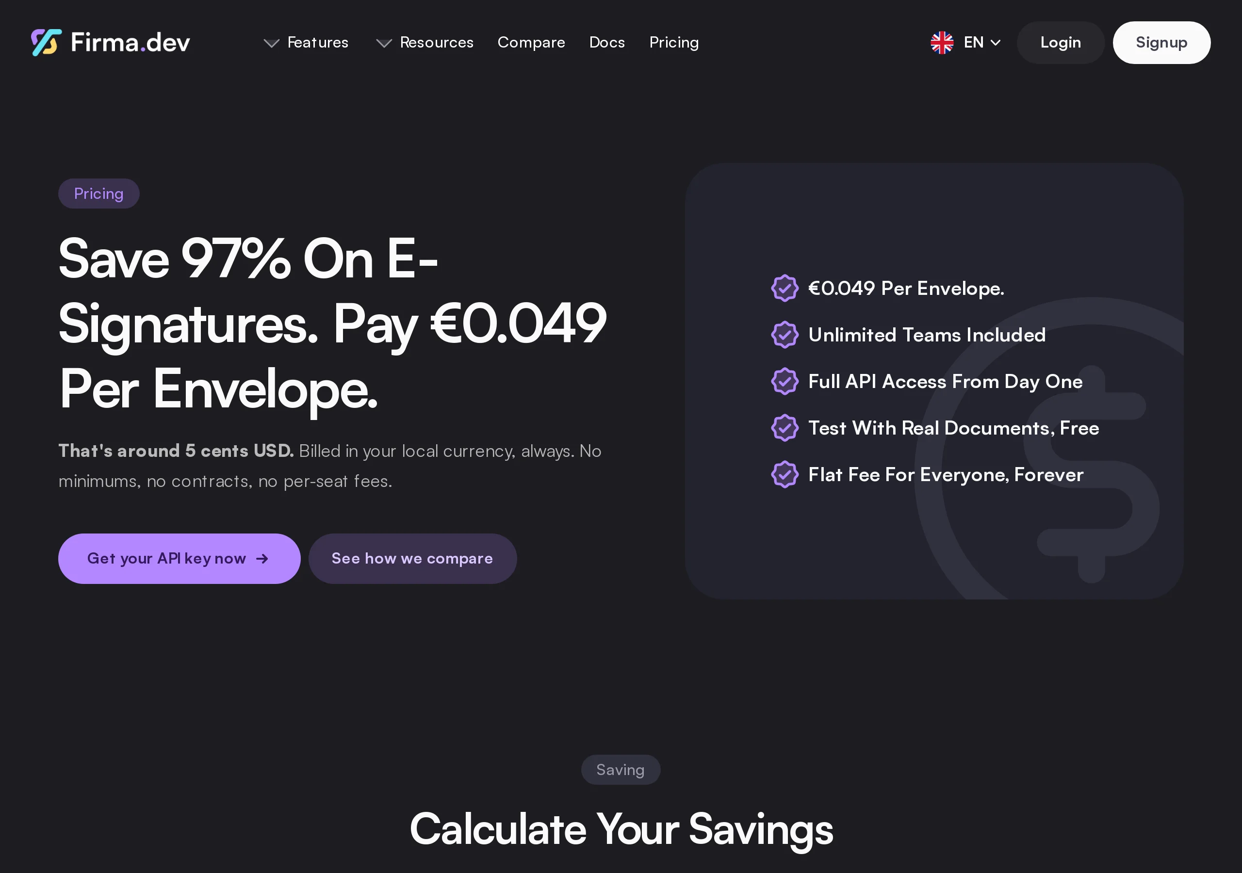 Firma.dev pricing: Save 97% on e-signatures, pay €0.049 per envelope, no per-seat fees, with a checklist that includes unlimited teams, full API access, and test with real documents free