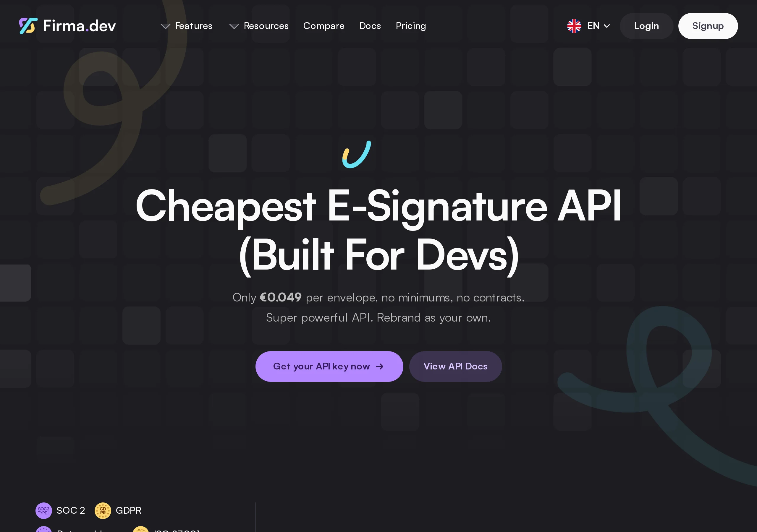 Firma.dev homepage: Cheapest E-Signature API (Built For Devs), only €0.049 per envelope, no minimums, no contracts, Get your API key now and View API Docs