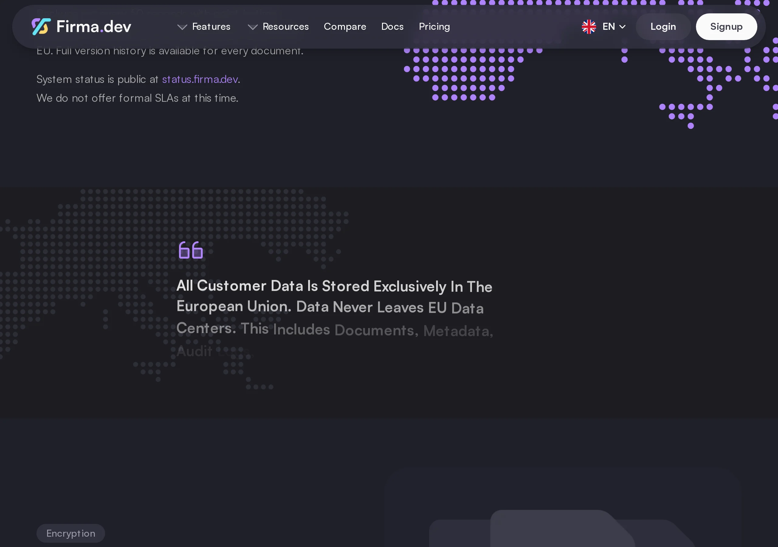 Firma.dev security page: all customer data is stored exclusively in the European Union, data never leaves EU data centers, with a note that they do not offer formal SLAs at this time