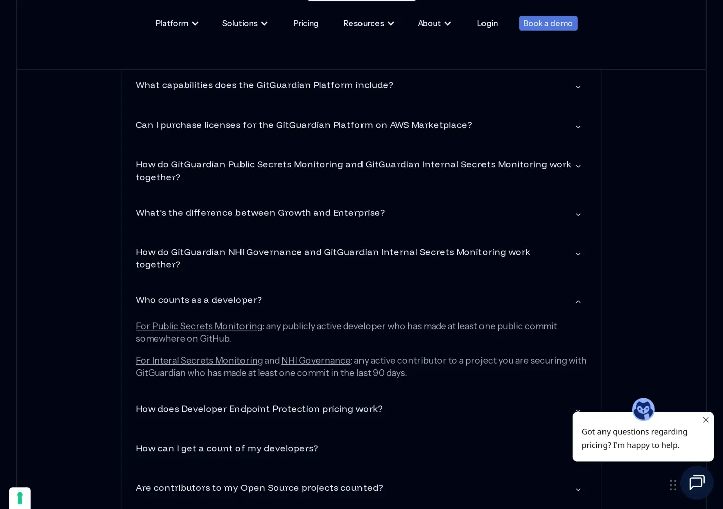 GitGuardian pricing FAQ expanded: Who counts as a developer? Public Secrets Monitoring counts anyone with one public GitHub commit; Internal Secrets Monitoring and NHI Governance count anyone with one commit in the last 90 days