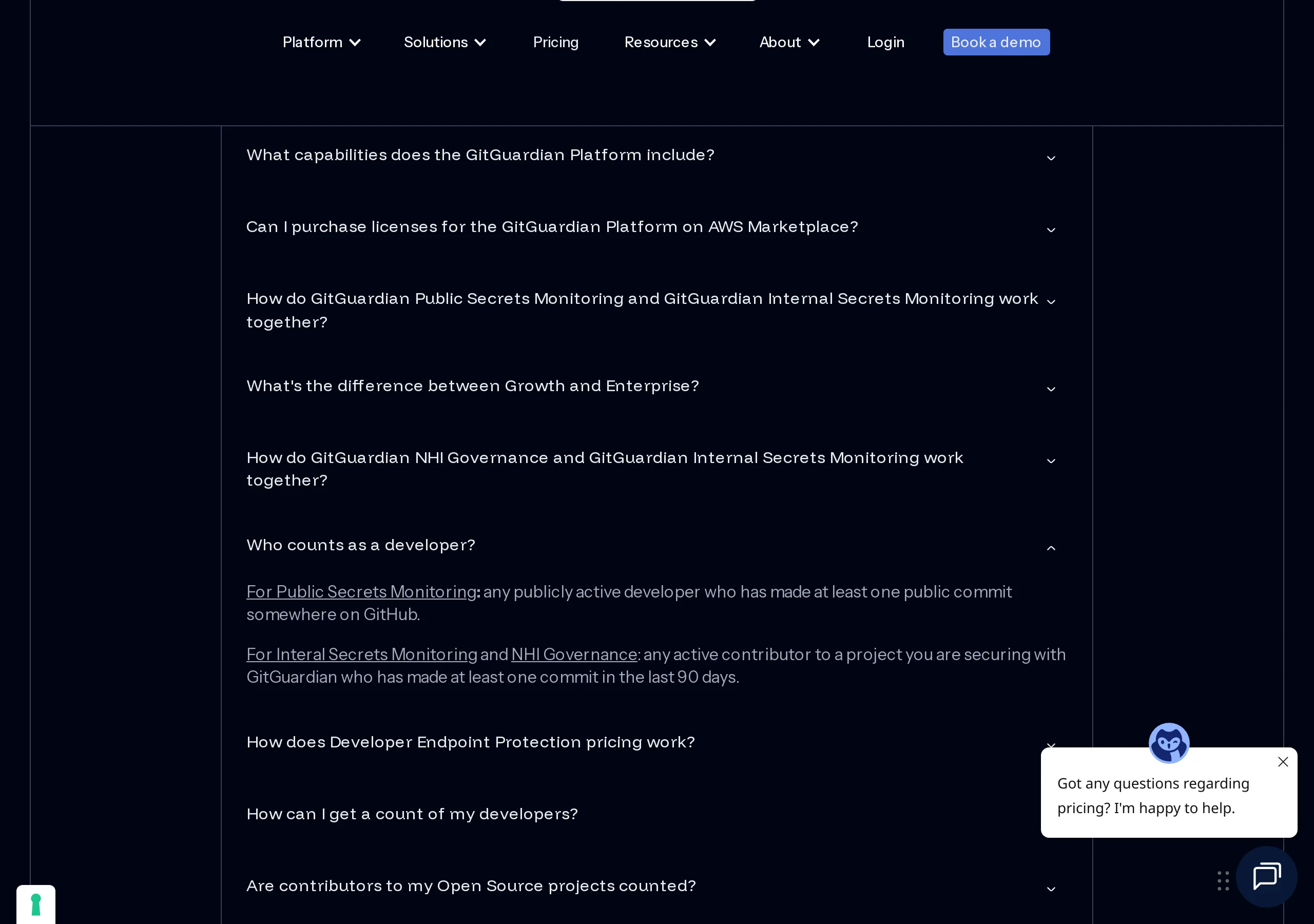 GitGuardian pricing FAQ expanded: Who counts as a developer? Public Secrets Monitoring counts anyone with one public GitHub commit; Internal Secrets Monitoring and NHI Governance count anyone with one commit in the last 90 days