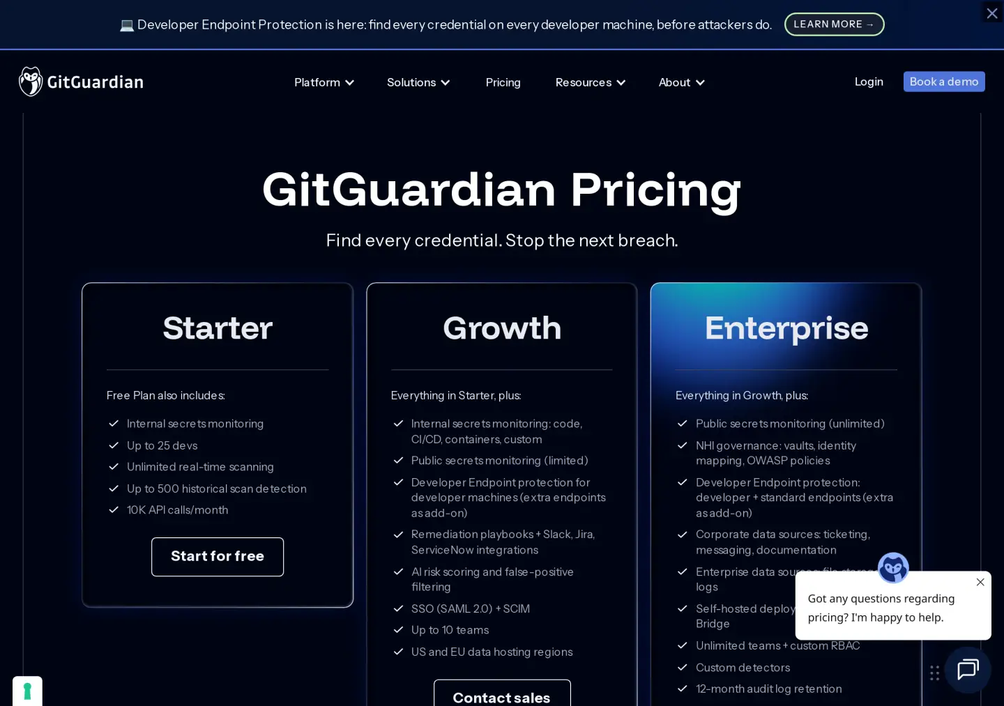 GitGuardian pricing cards: Starter free up to 25 devs with 500 historical detections and 10K API calls, Growth with Contact sales including US and EU data hosting, Enterprise with NHI governance and self-hosted deployment