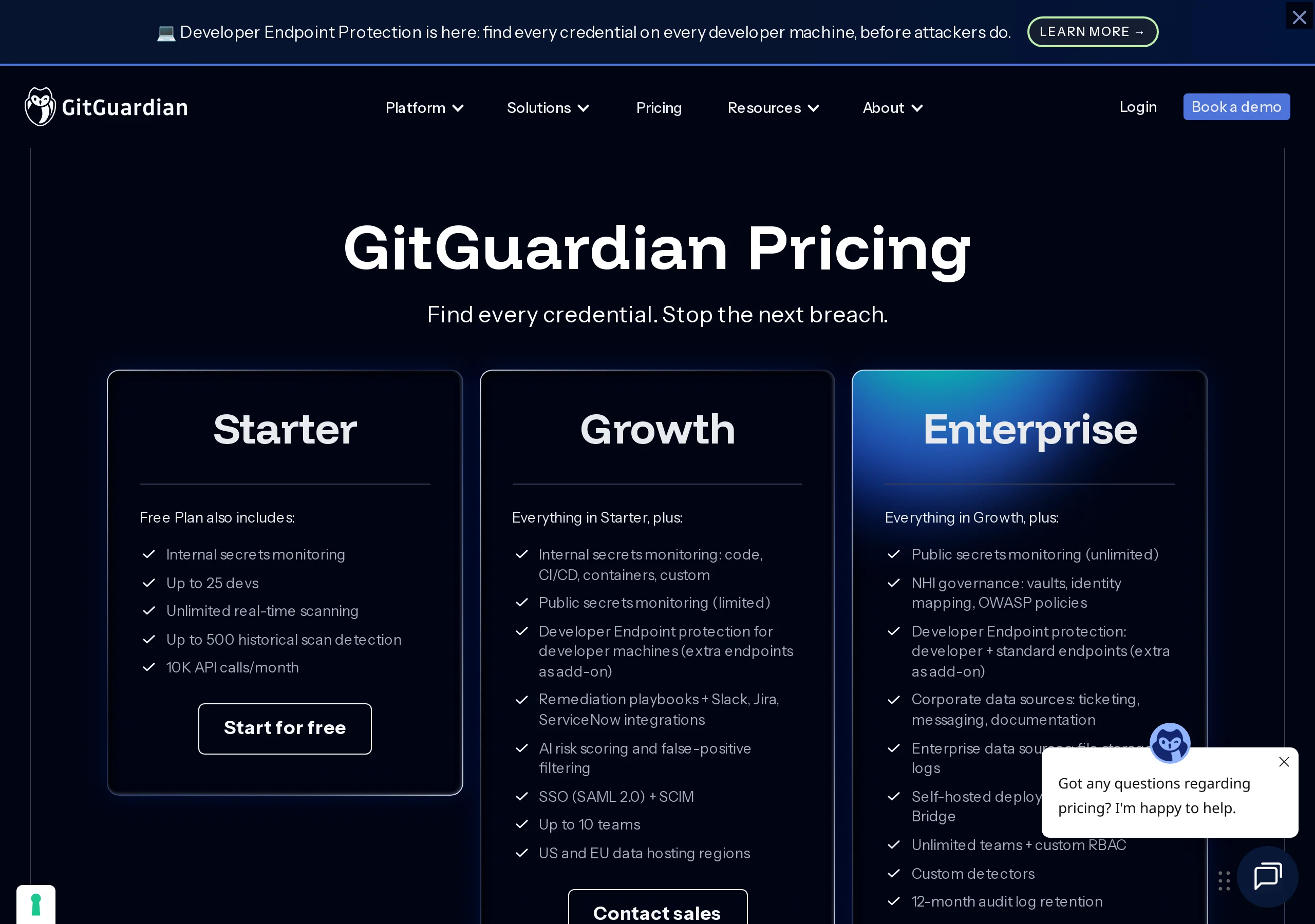 GitGuardian pricing cards: Starter free up to 25 devs with 500 historical detections and 10K API calls, Growth with Contact sales including US and EU data hosting, Enterprise with NHI governance and self-hosted deployment