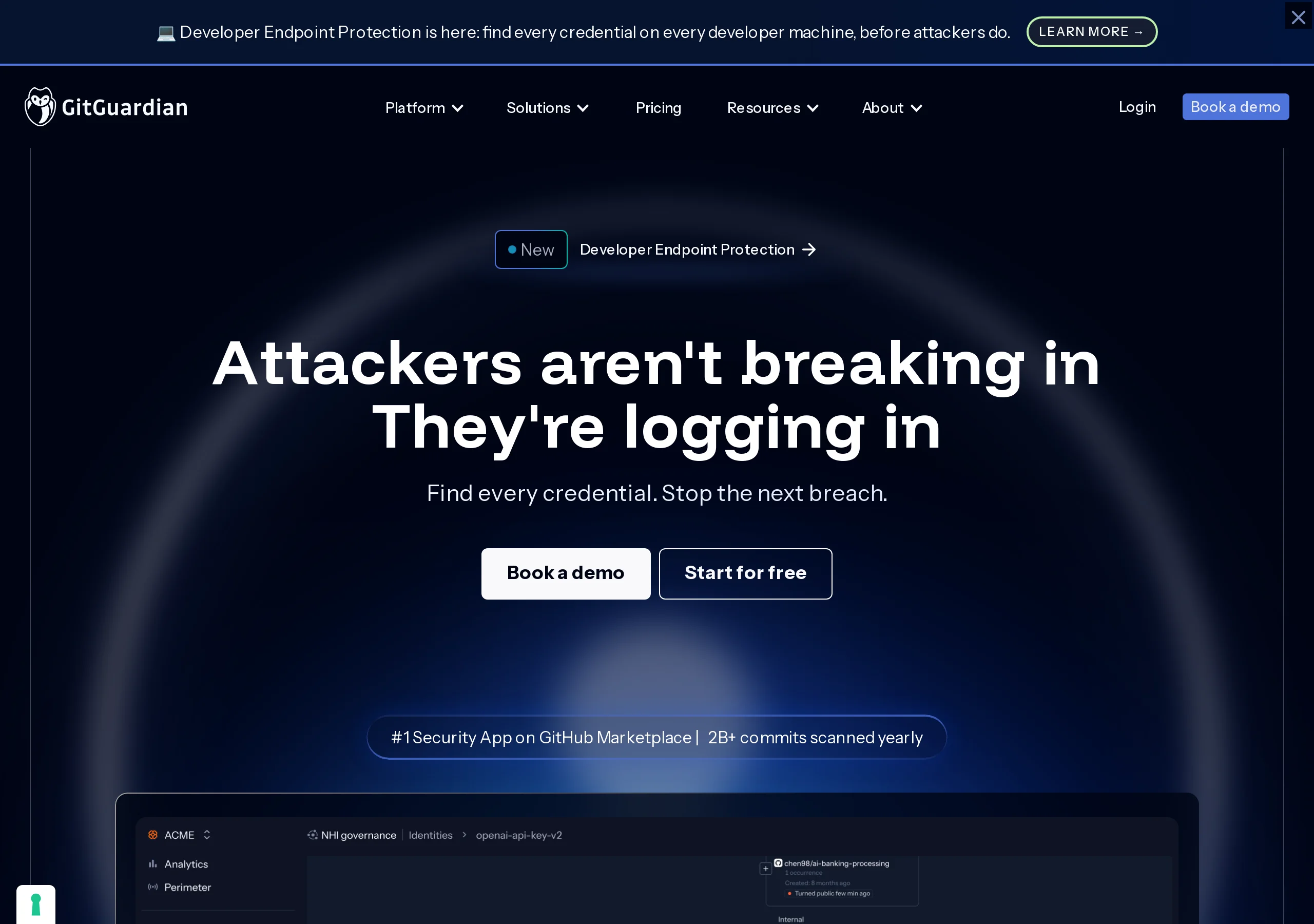 GitGuardian homepage: Attackers aren't breaking in, They're logging in, with Book a demo and Start for free, and a mock NHI governance view of an openai-api-key that turned public