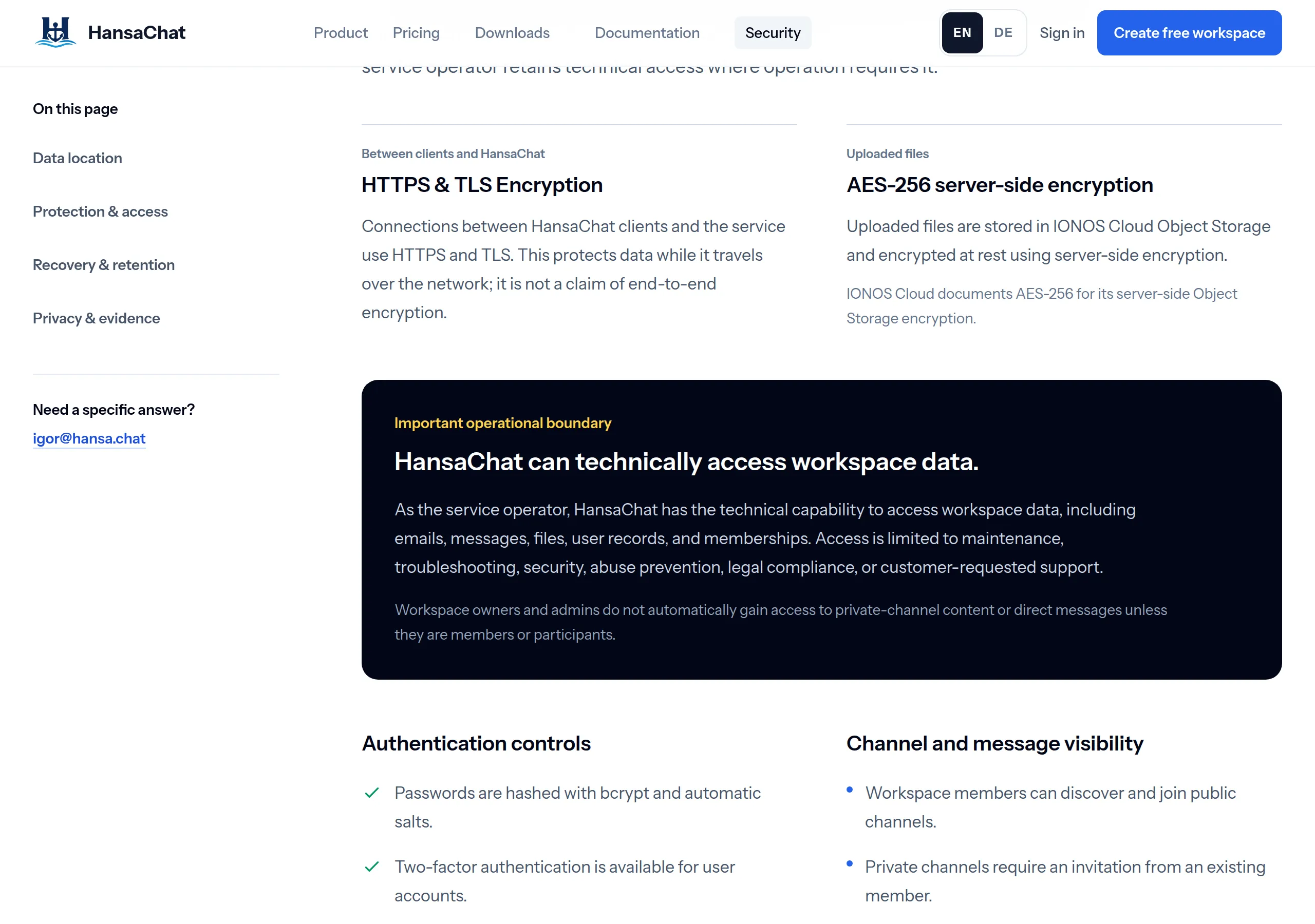 HansaChat security page: HTTPS is not a claim of end-to-end encryption, IONOS AES-256 at rest for files, and a callout that HansaChat can technically access workspace data including emails, messages, files, user records, and memberships