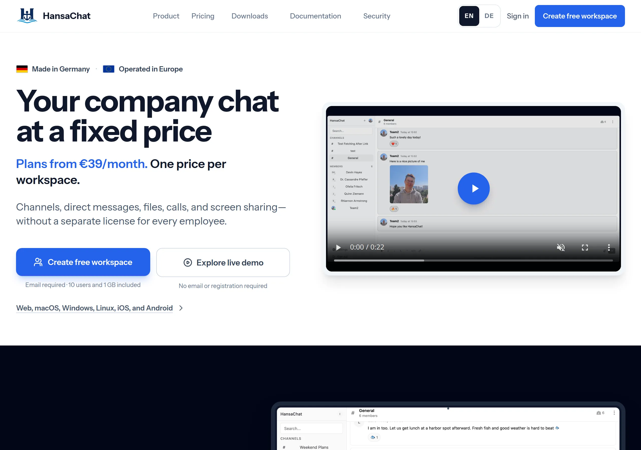 HansaChat homepage: Your company chat at a fixed price, plans from €39 a month, one price per workspace, with Made in Germany and Operated in Europe badges and a Create free workspace button