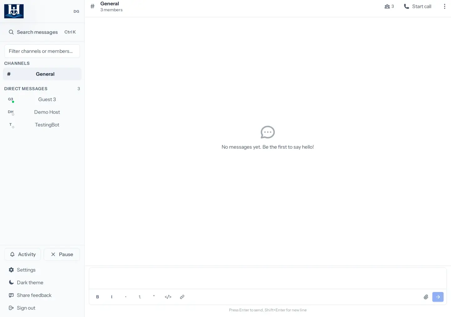HansaChat shared demo: Slack-shaped sidebar with # General and direct messages, a Start call button, an empty channel that says Be the first to say hello, and a compose box with formatting