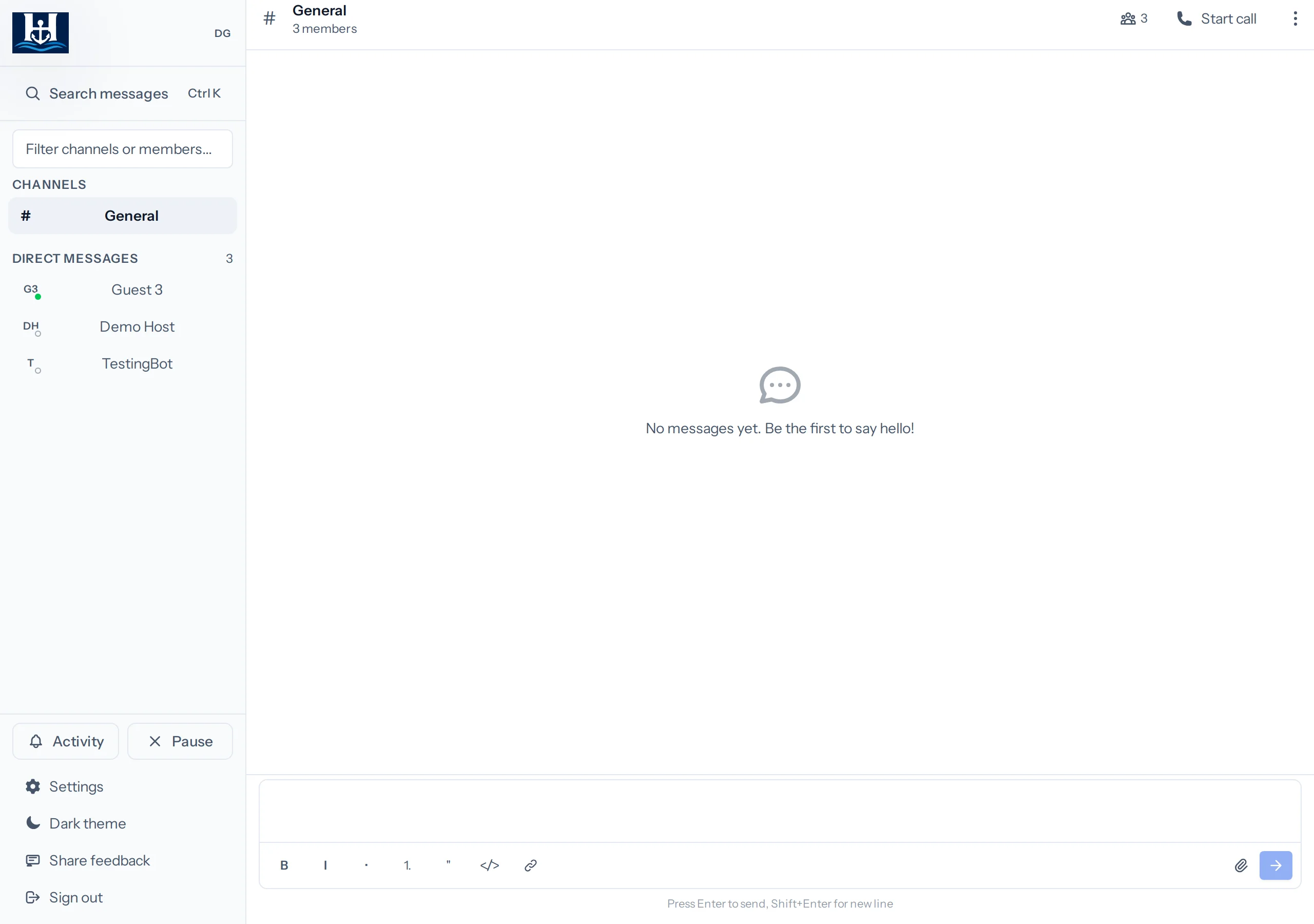 HansaChat shared demo: Slack-shaped sidebar with # General and direct messages, a Start call button, an empty channel that says Be the first to say hello, and a compose box with formatting