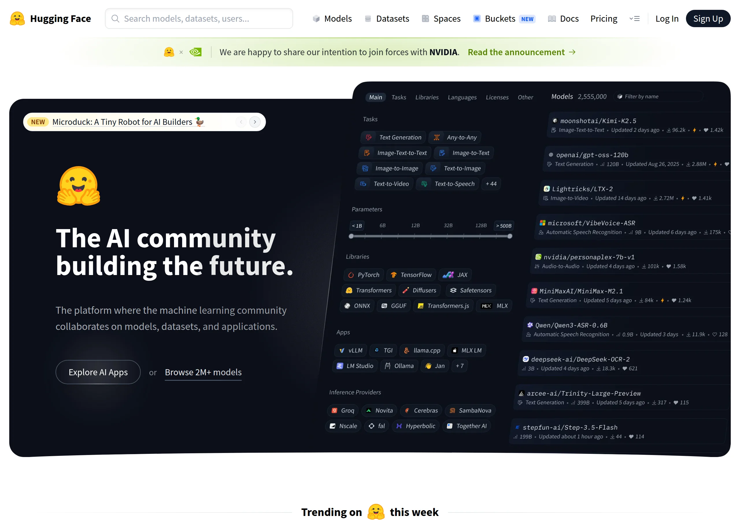 Hugging Face homepage: The AI community building the future, a banner that says we are happy to share our intention to join forces with NVIDIA, and a Hub explorer for models, tasks, and Transformers