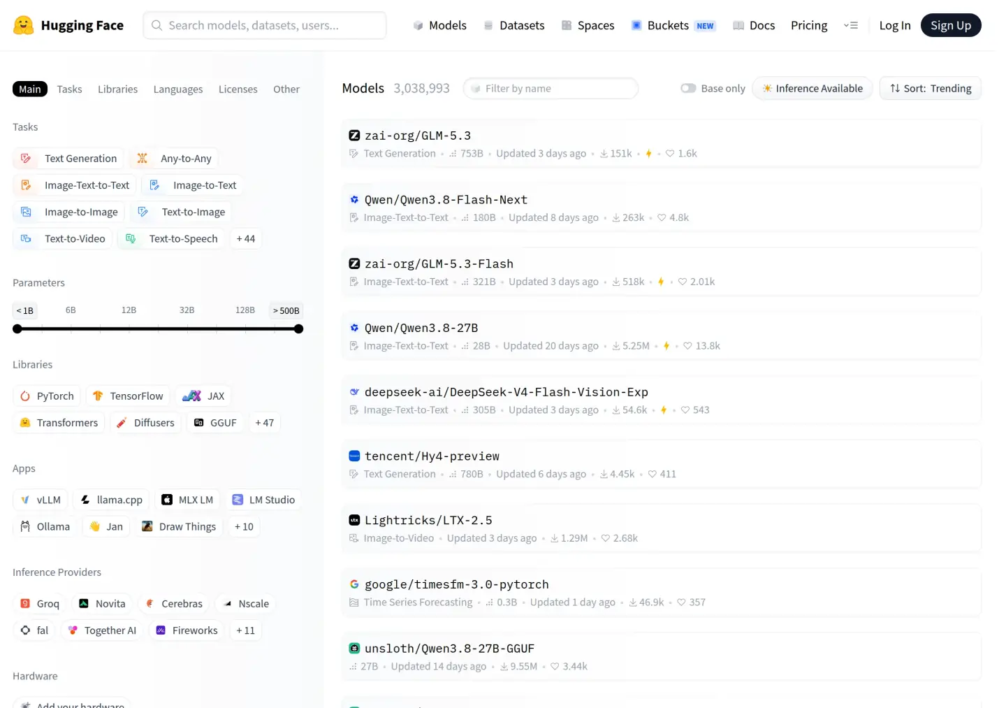 Hugging Face Models page showing 3,038,993 models, task filters, a Transformers library chip, and trending cards with inference-available marks