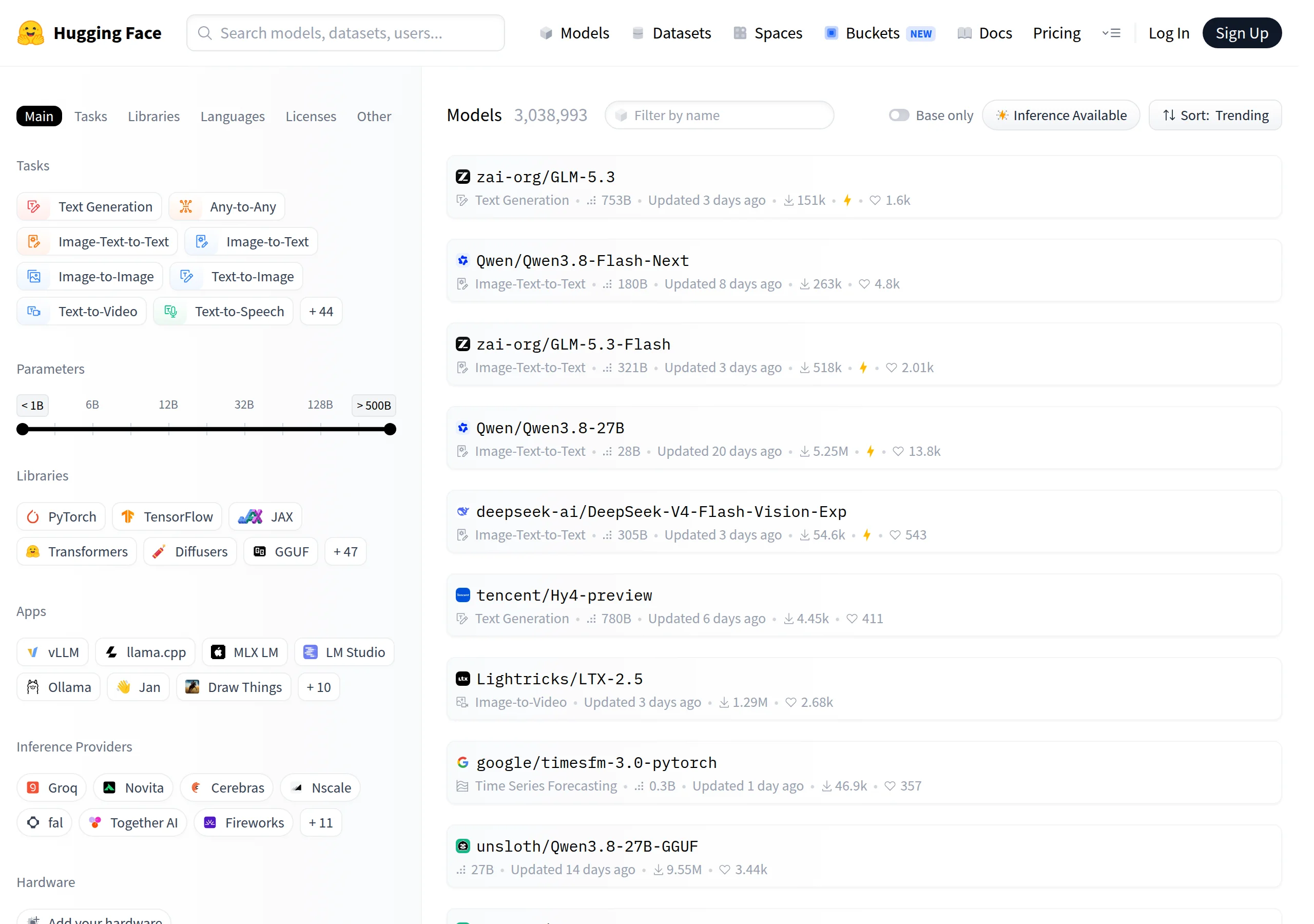 Hugging Face Models page showing 3,038,993 models, task filters, a Transformers library chip, and trending cards with inference-available marks