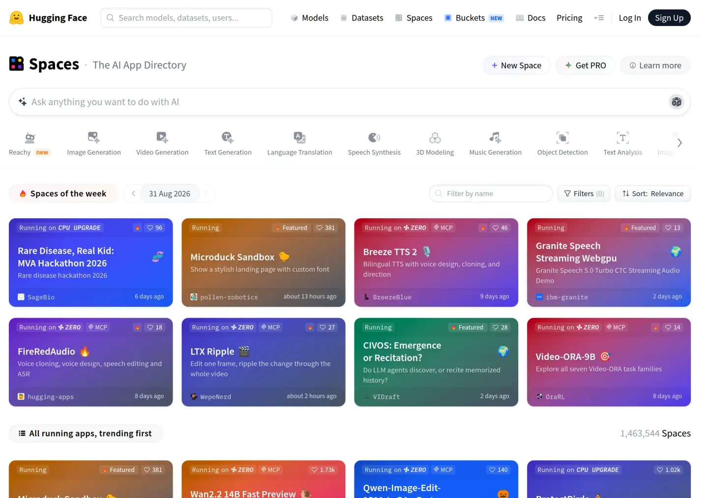 Hugging Face Spaces page: The AI App Directory, a search box to ask what you want to do with AI, Spaces of the week dated 31 August 2026, and 1,463,544 Spaces