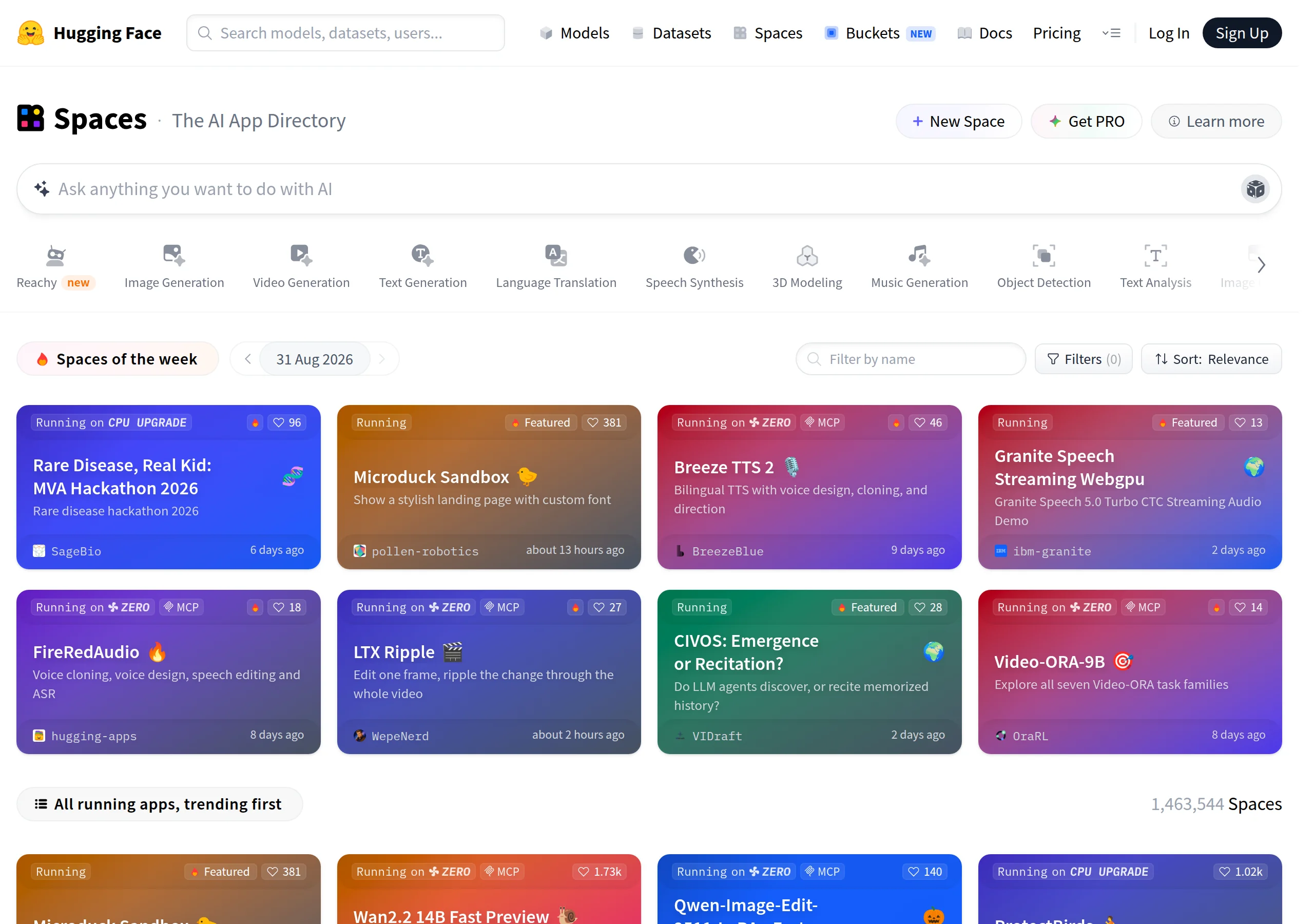 Hugging Face Spaces page: The AI App Directory, a search box to ask what you want to do with AI, Spaces of the week dated 31 August 2026, and 1,463,544 Spaces