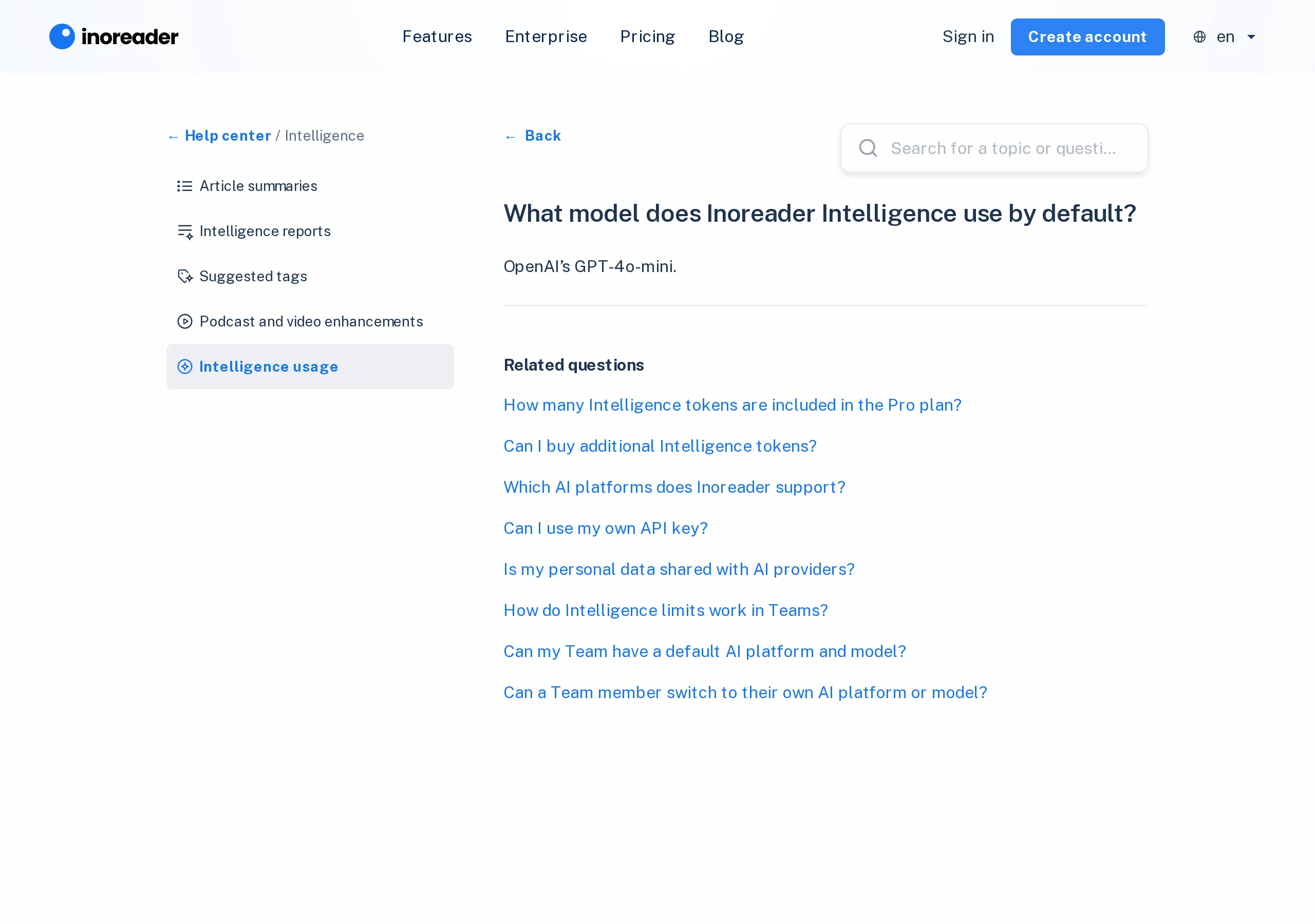 Inoreader help: What model does Inoreader Intelligence use by default? OpenAI’s GPT-4o-mini, with related questions about tokens, platforms, and API keys