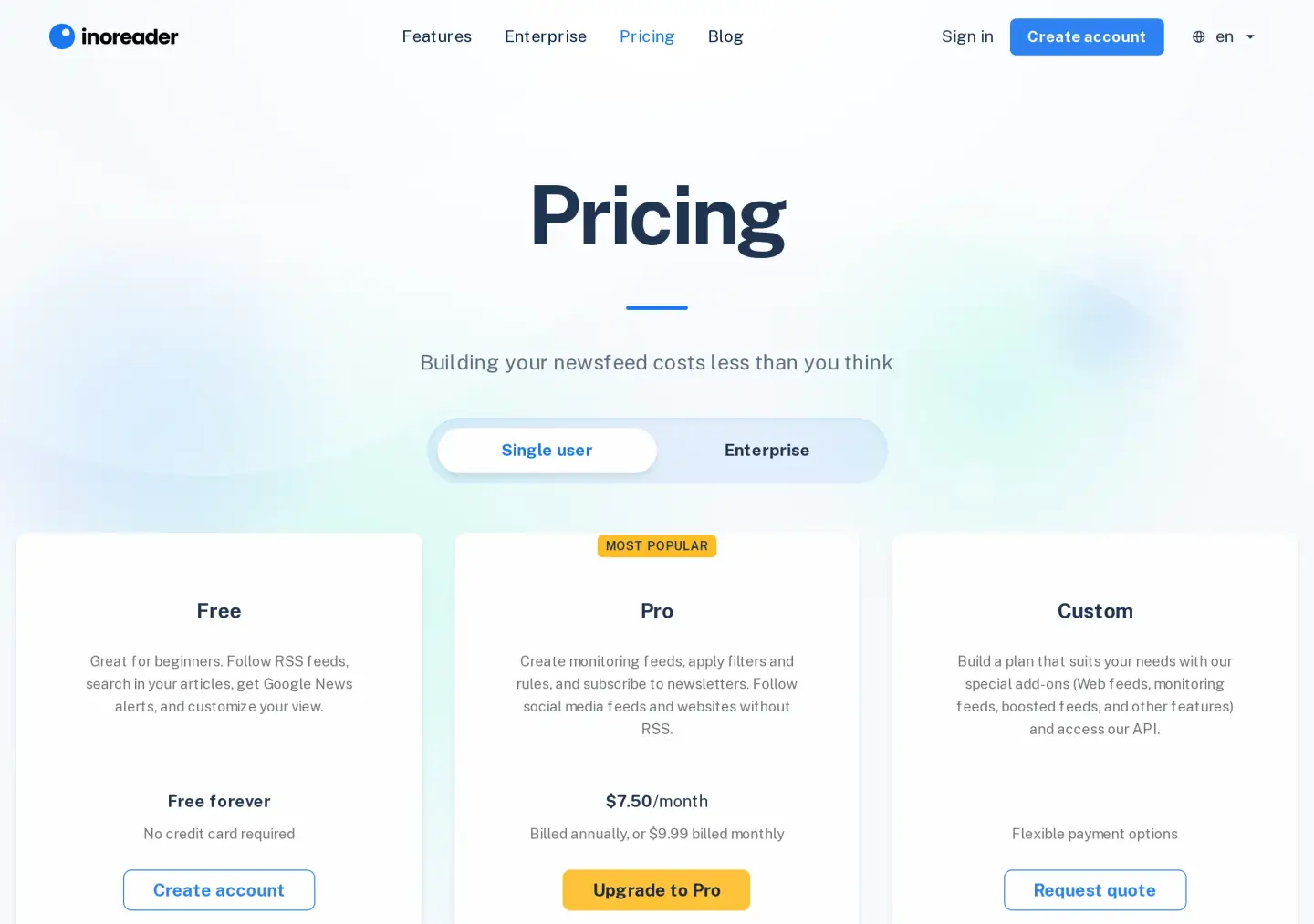 Inoreader Pricing on the Single user tab: Free forever with no credit card, Pro at $7.50 a month billed annually or $9.99 billed monthly, Custom as a request-quote card