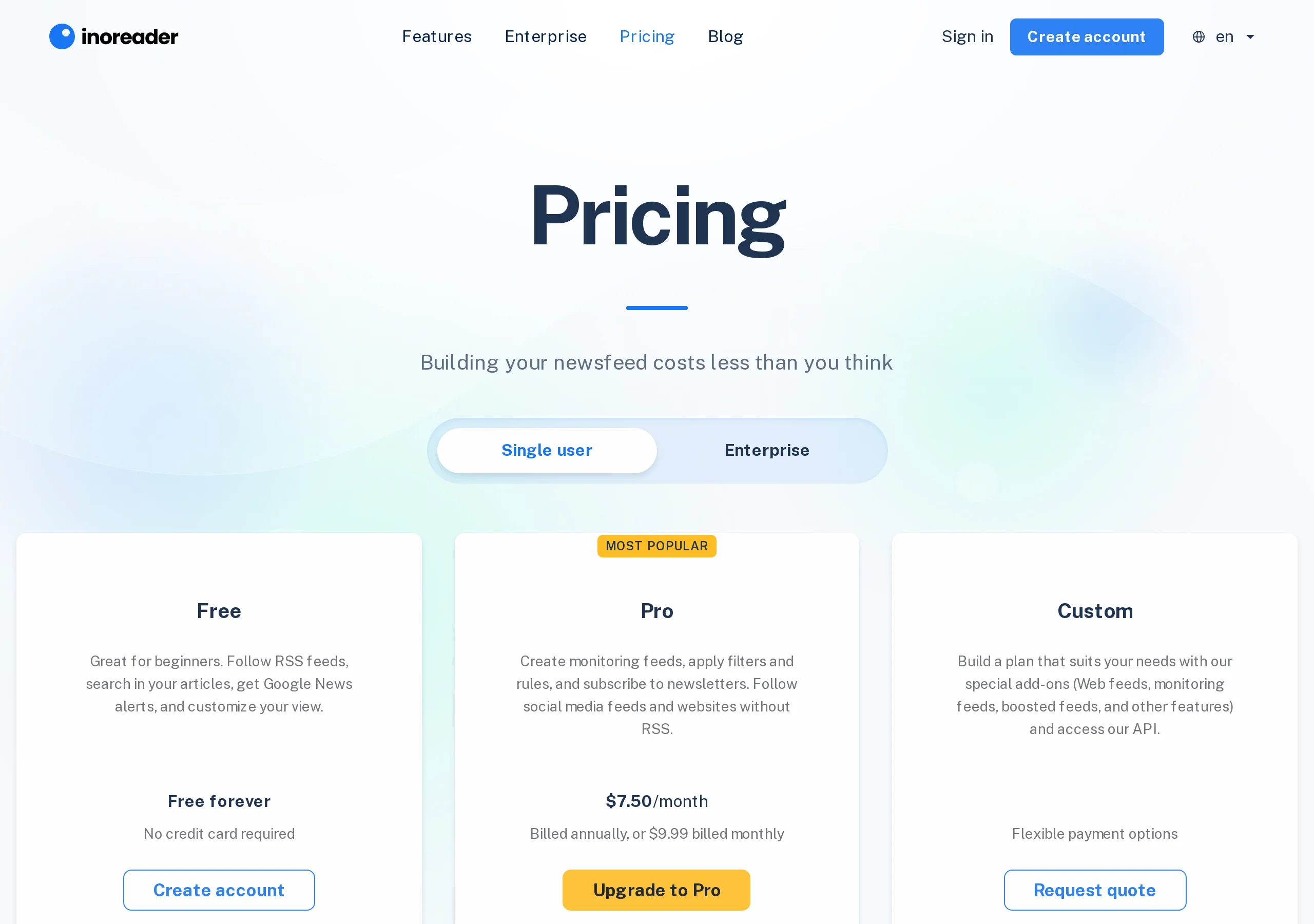 Inoreader Pricing on the Single user tab: Free forever with no credit card, Pro at $7.50 a month billed annually or $9.99 billed monthly, Custom as a request-quote card