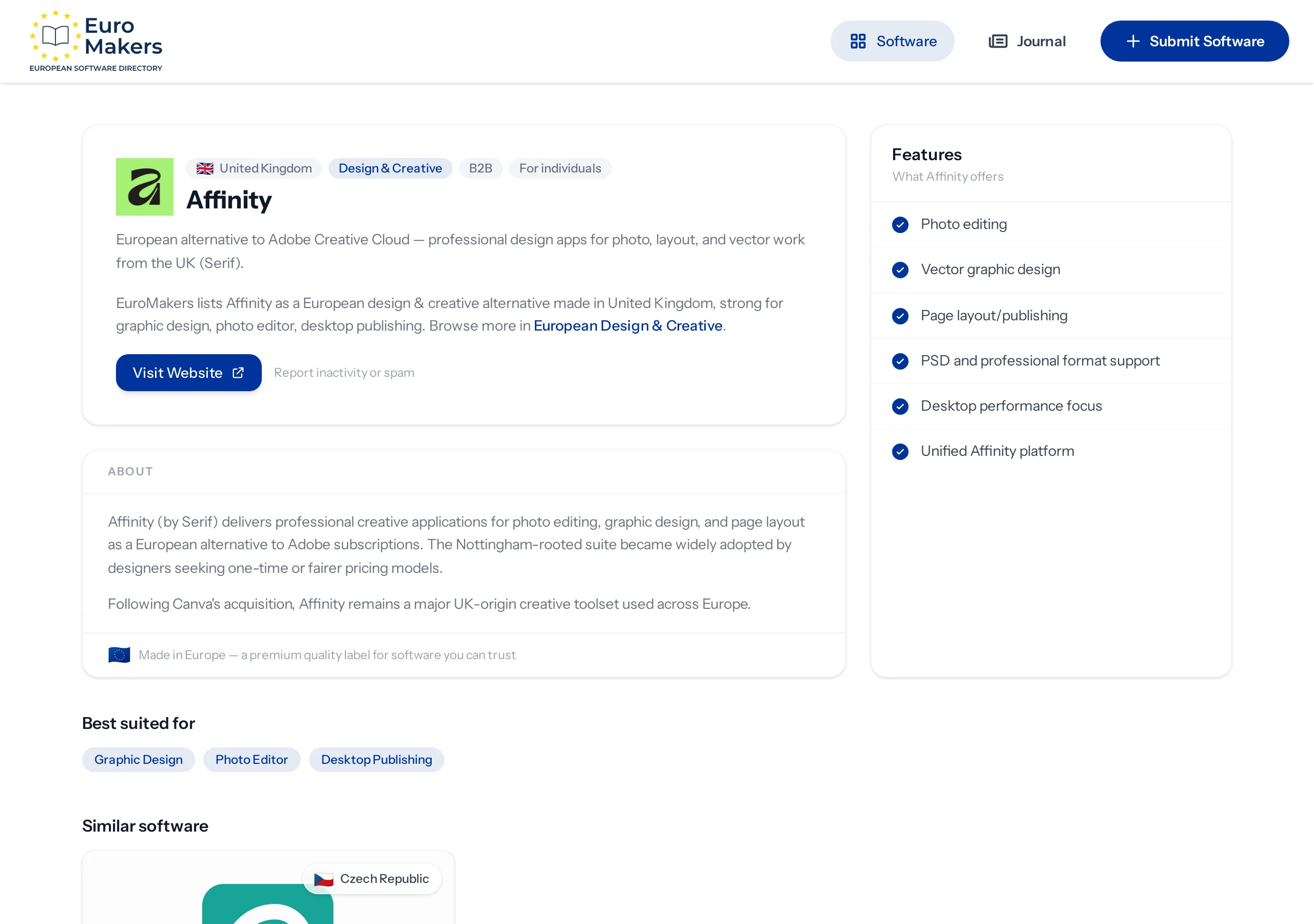 Screenshot of a European desktop design suite listing page in the software directory