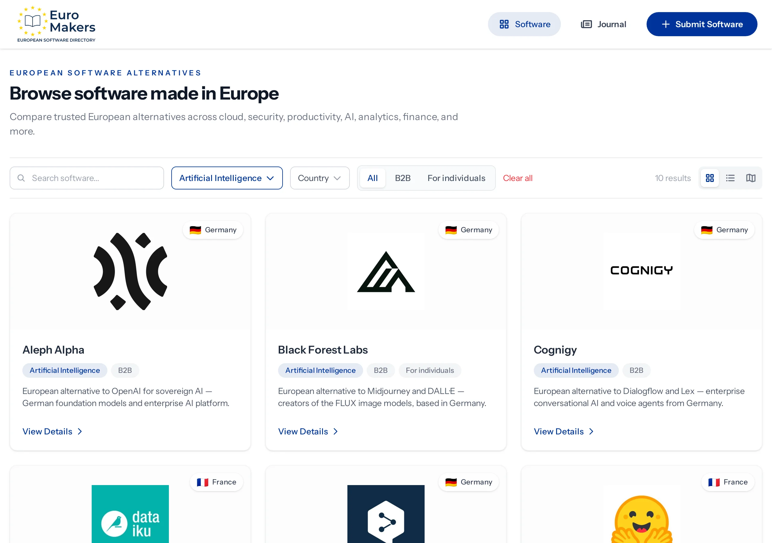 Screenshot of the Artificial Intelligence category in the software directory showing European language, model, and image tools