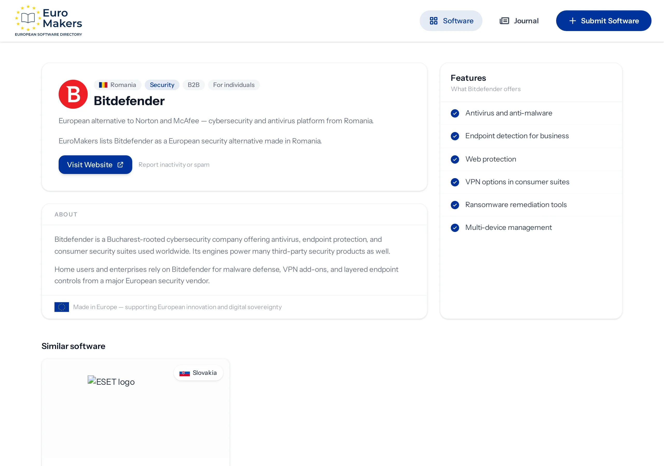 Screenshot of the Bitdefender listing page showing the company description, features, and Romania as country of origin