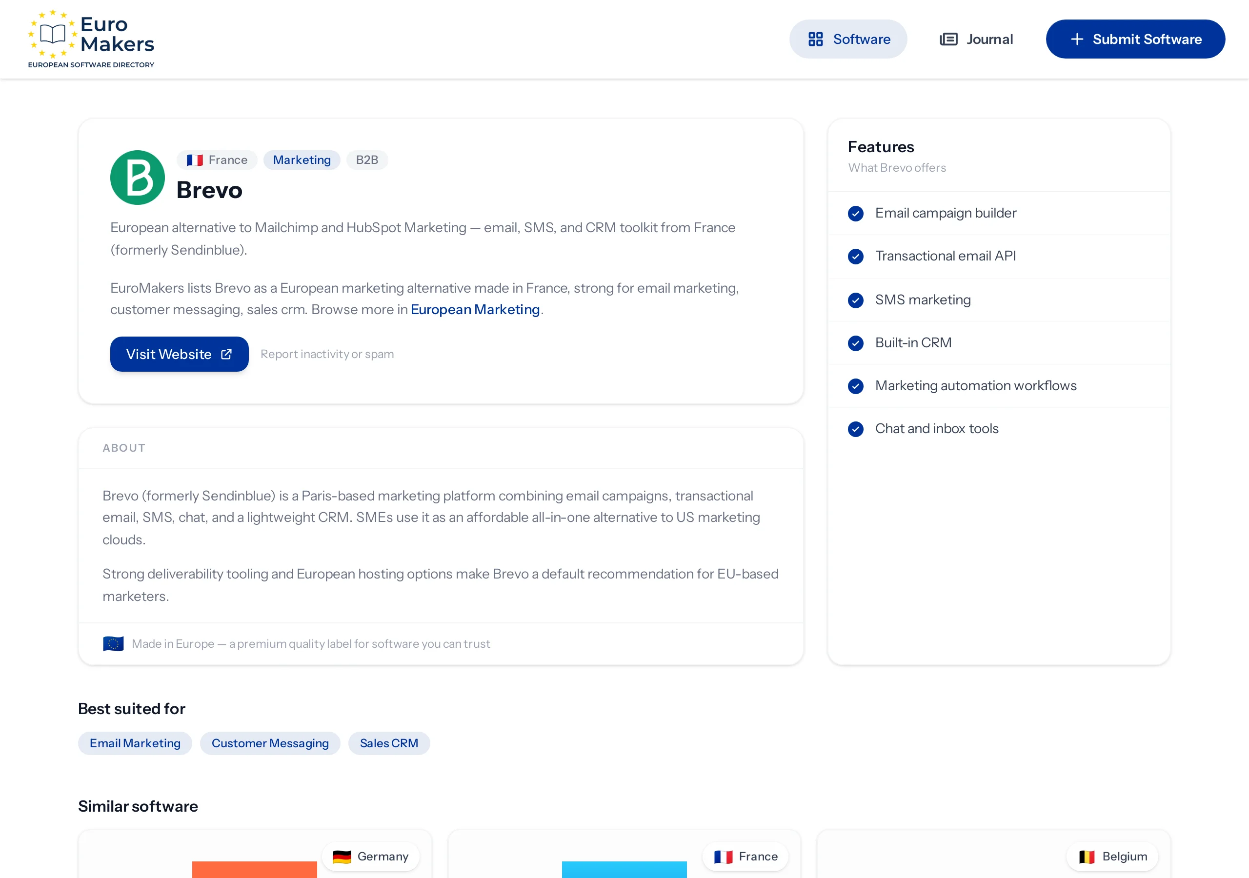 Screenshot of a French marketing platform listing page in the software directory