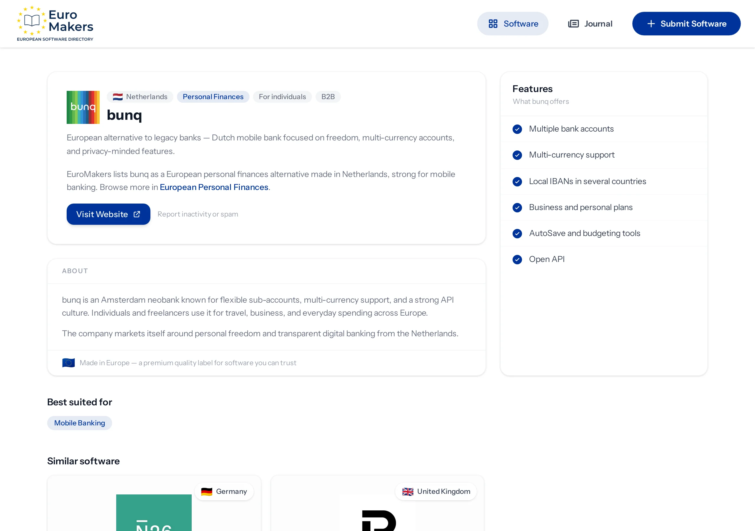 Screenshot of the bunq listing page in the software directory showing the Dutch mobile bank