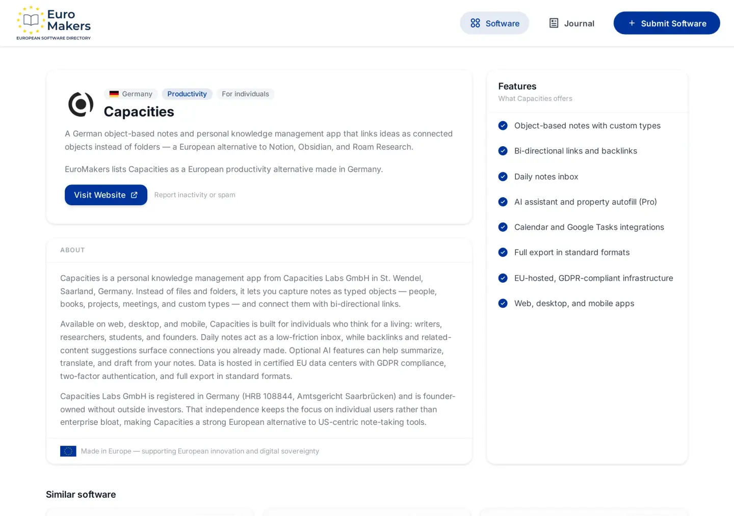 Screenshot of a European notes and knowledge tool listing page in the software directory