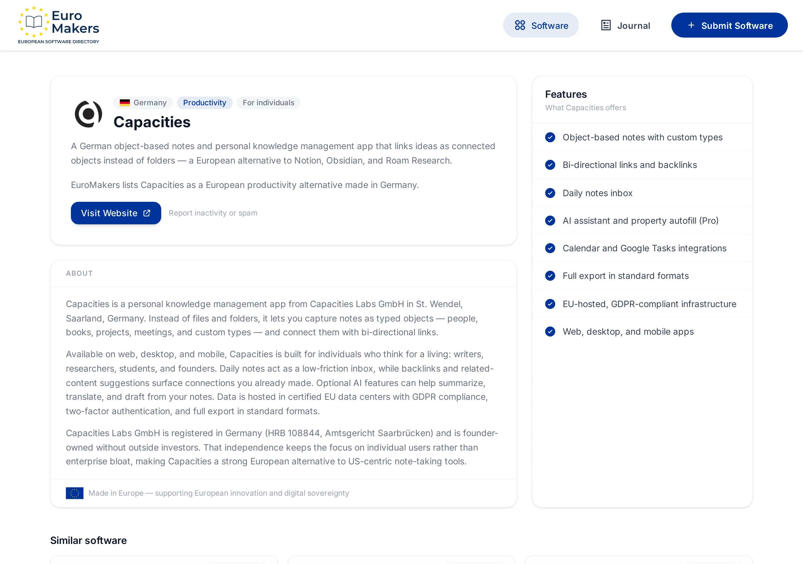 Screenshot of the Capacities listing page showing the company description, features, and Germany as country of origin