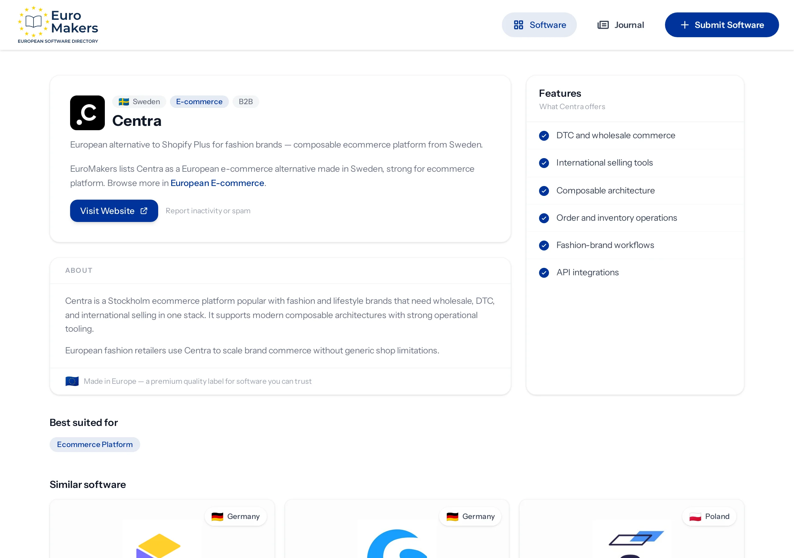 Screenshot of the Centra listing page in the software directory showing the Stockholm fashion commerce house
