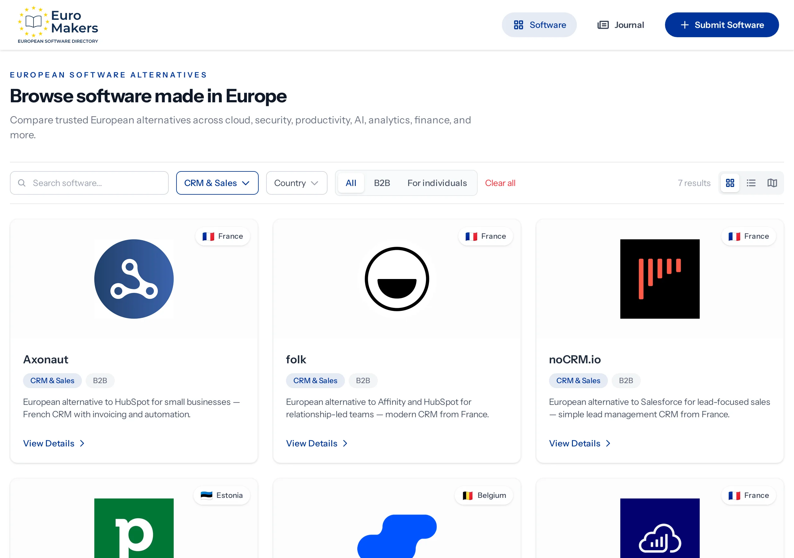 Screenshot of the CRM category in the software directory showing European sales tools