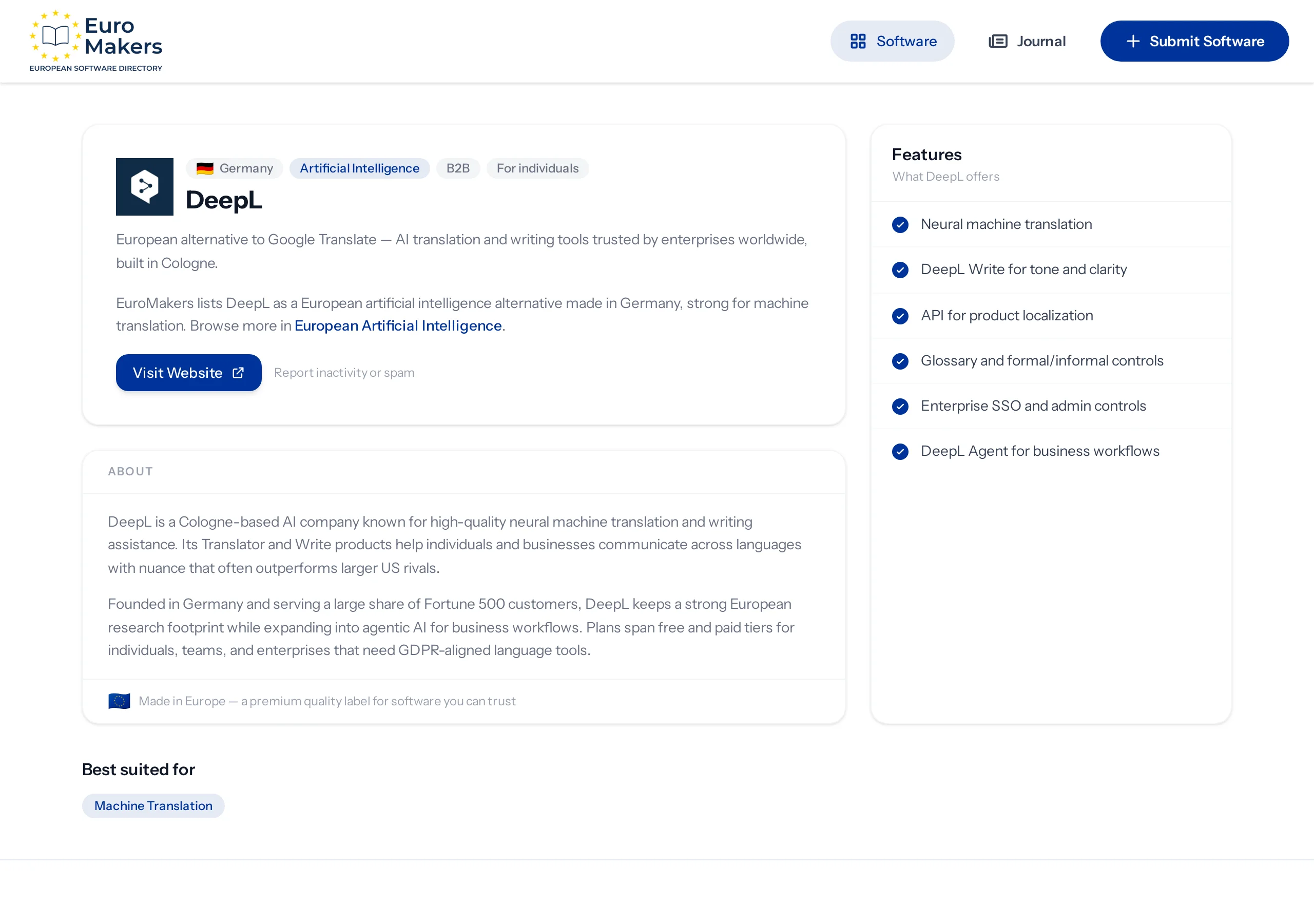 Screenshot of the DeepL listing page in the software directory showing the Cologne language house